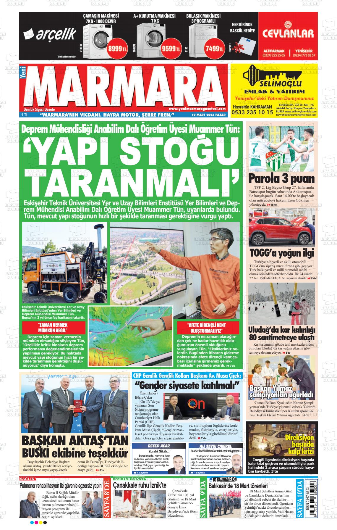 19 Mart 2023 Yeni Marmara Gazete Manşeti