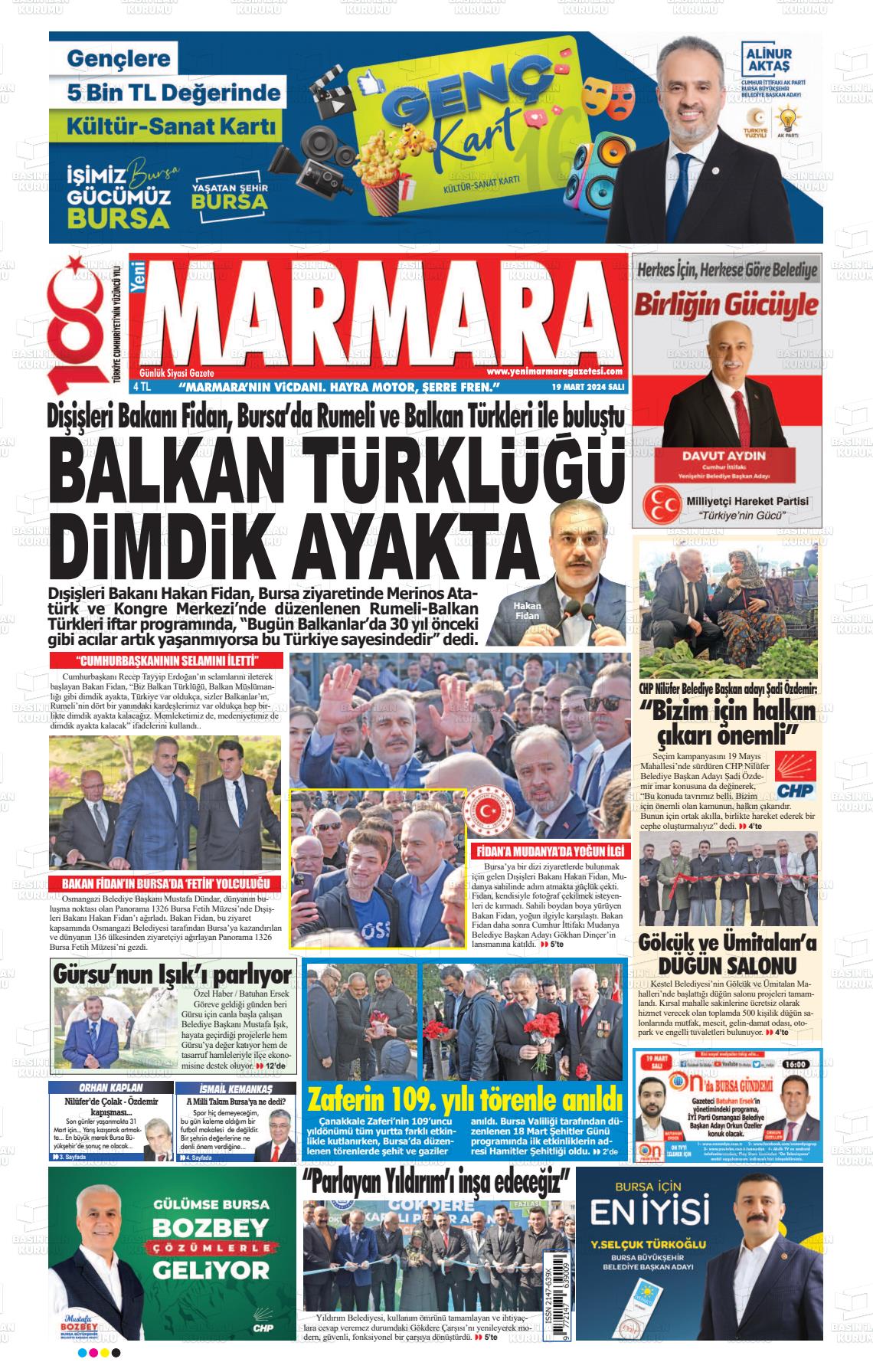 19 Mart 2024 Yeni Marmara Gazete Manşeti