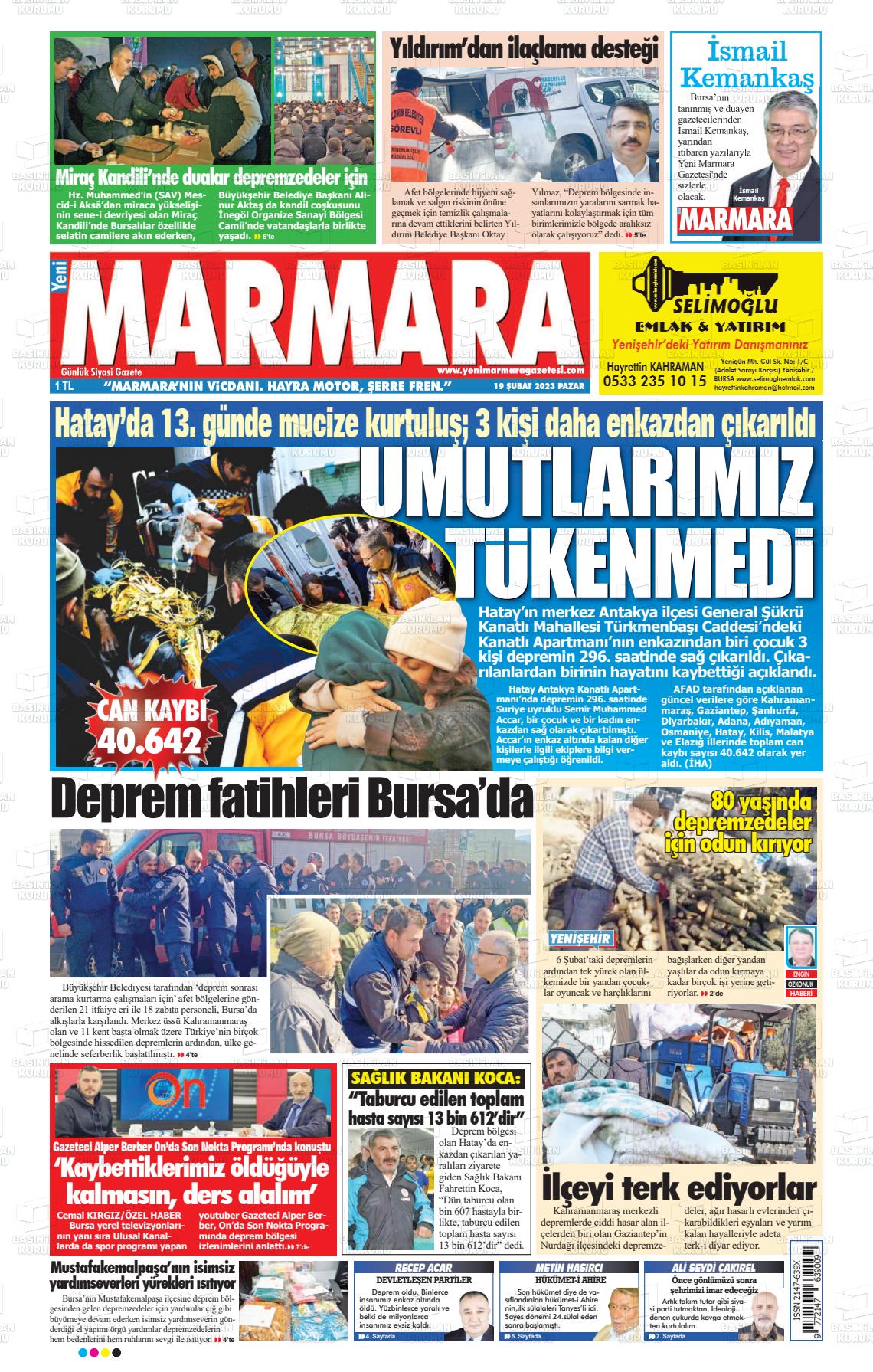 19 Şubat 2023 Yeni Marmara Gazete Manşeti