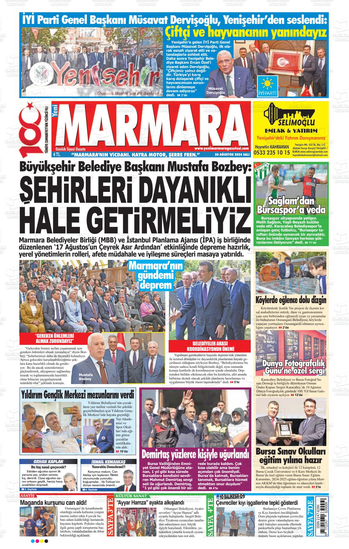 20 Ağustos 2024 Yeni Marmara Gazete Manşeti