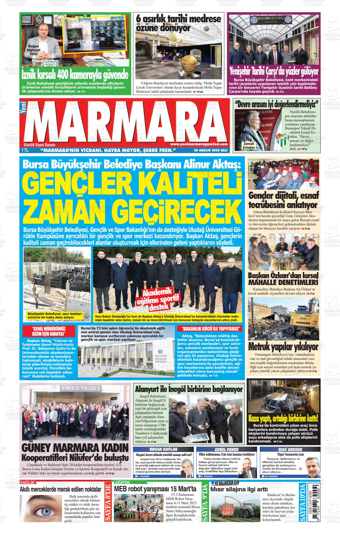 20 Aralık 2022 Yeni Marmara Gazete Manşeti