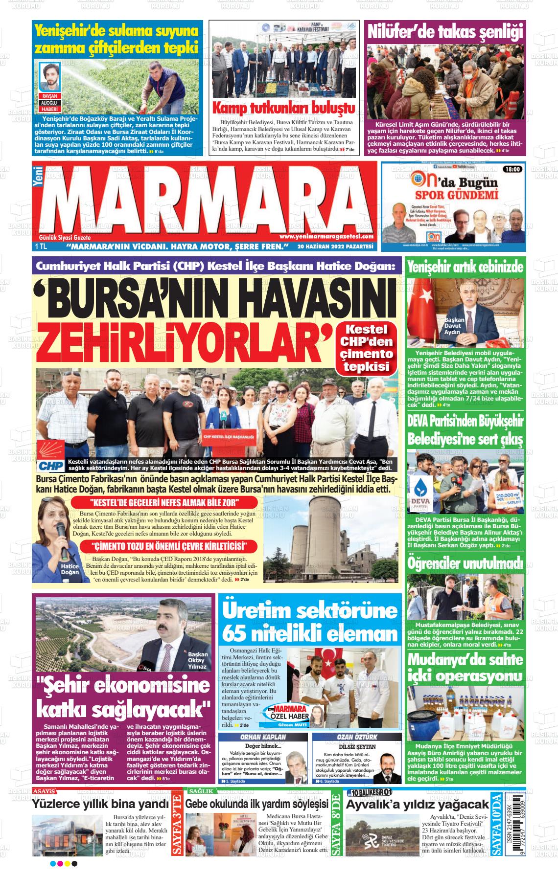 20 Haziran 2022 Yeni Marmara Gazete Manşeti