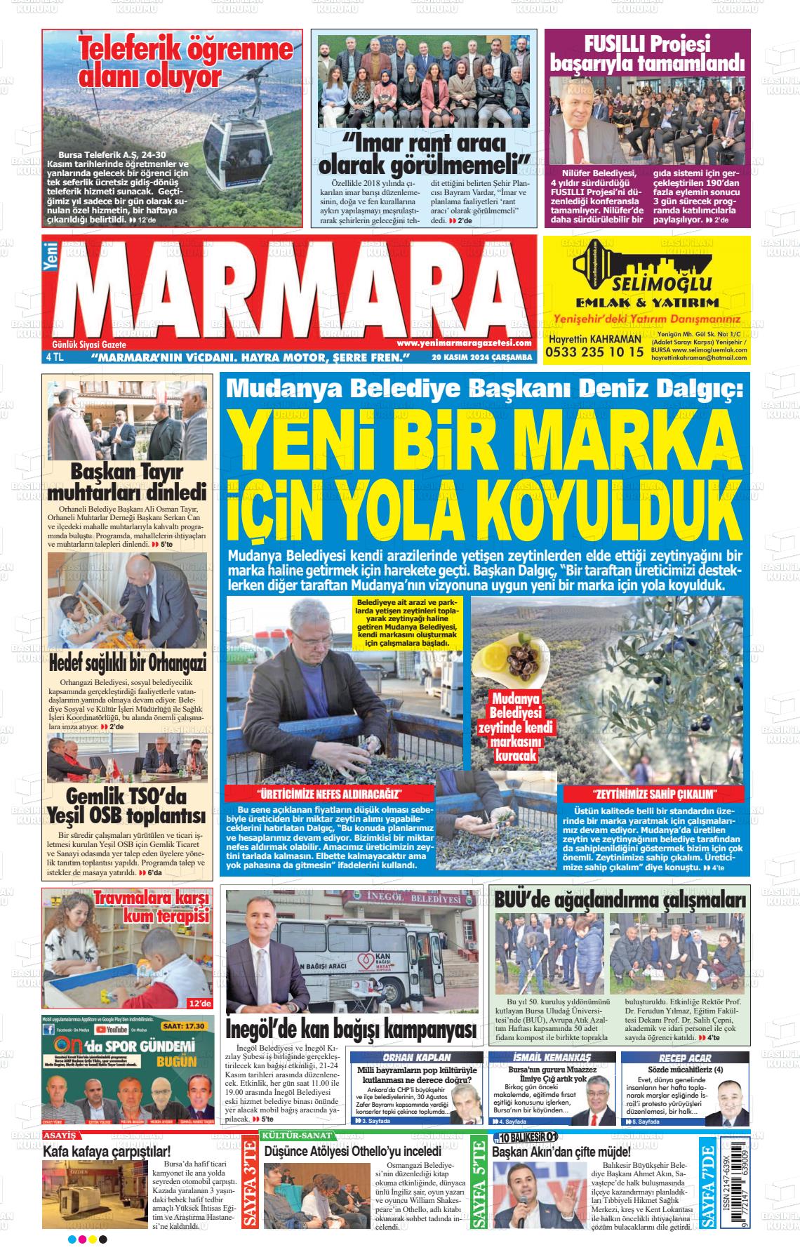 20 Kasım 2024 Yeni Marmara Gazete Manşeti