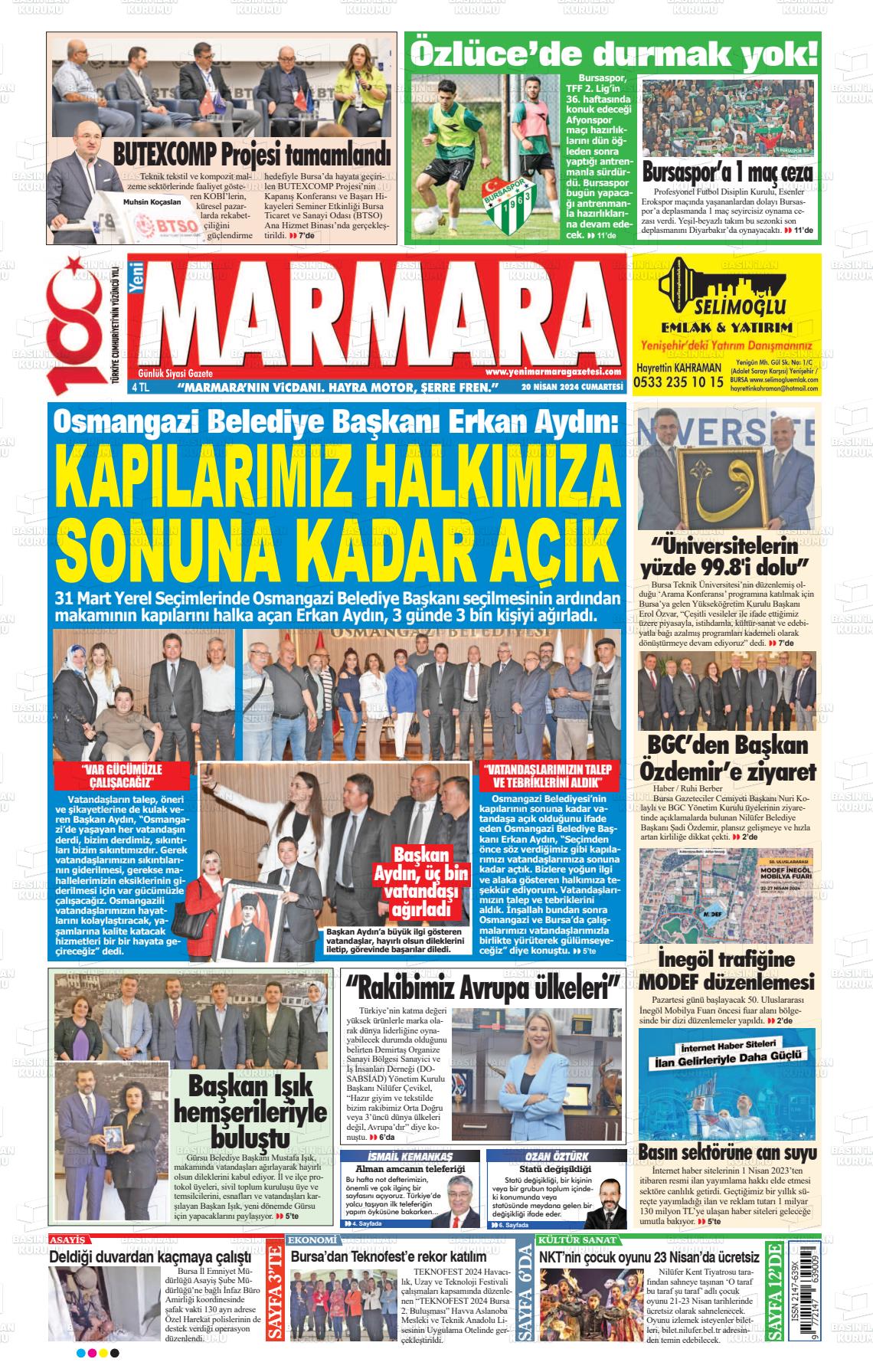 20 Nisan 2024 Yeni Marmara Gazete Manşeti