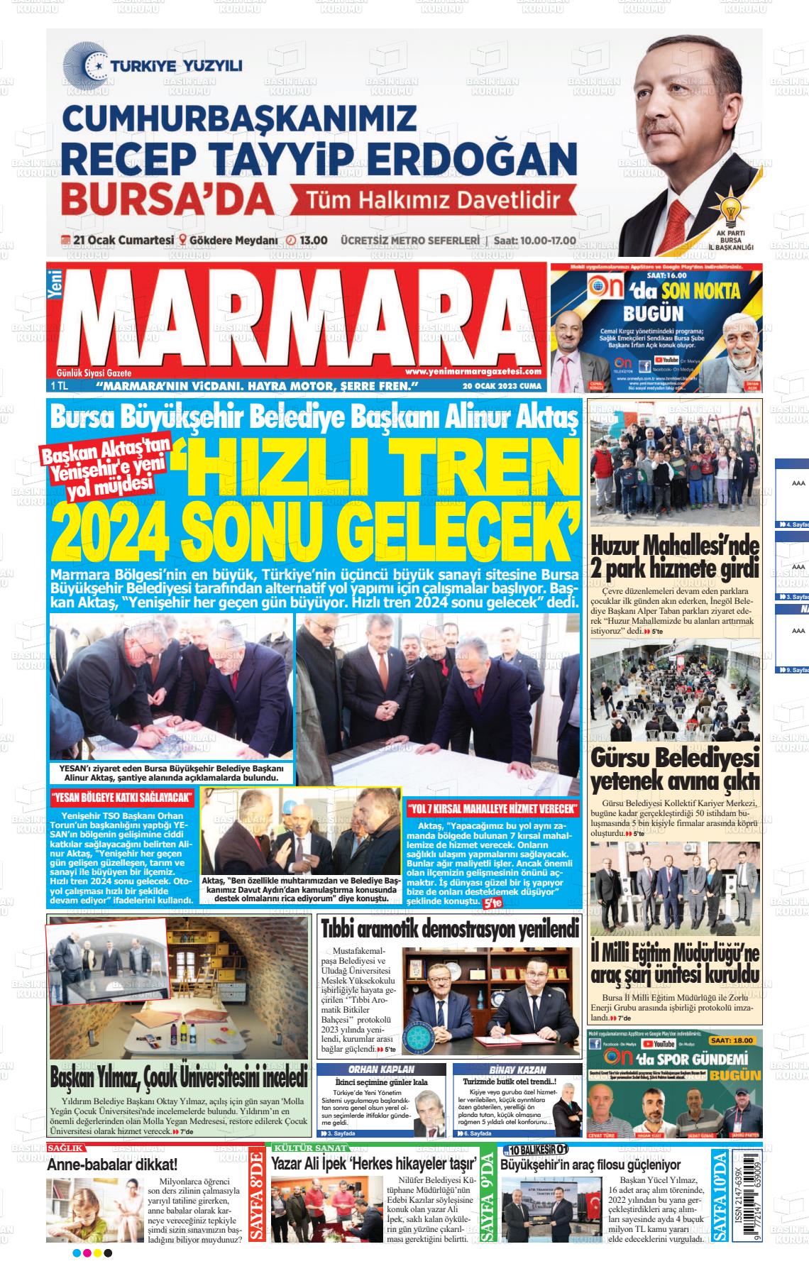 20 Ocak 2023 Yeni Marmara Gazete Manşeti