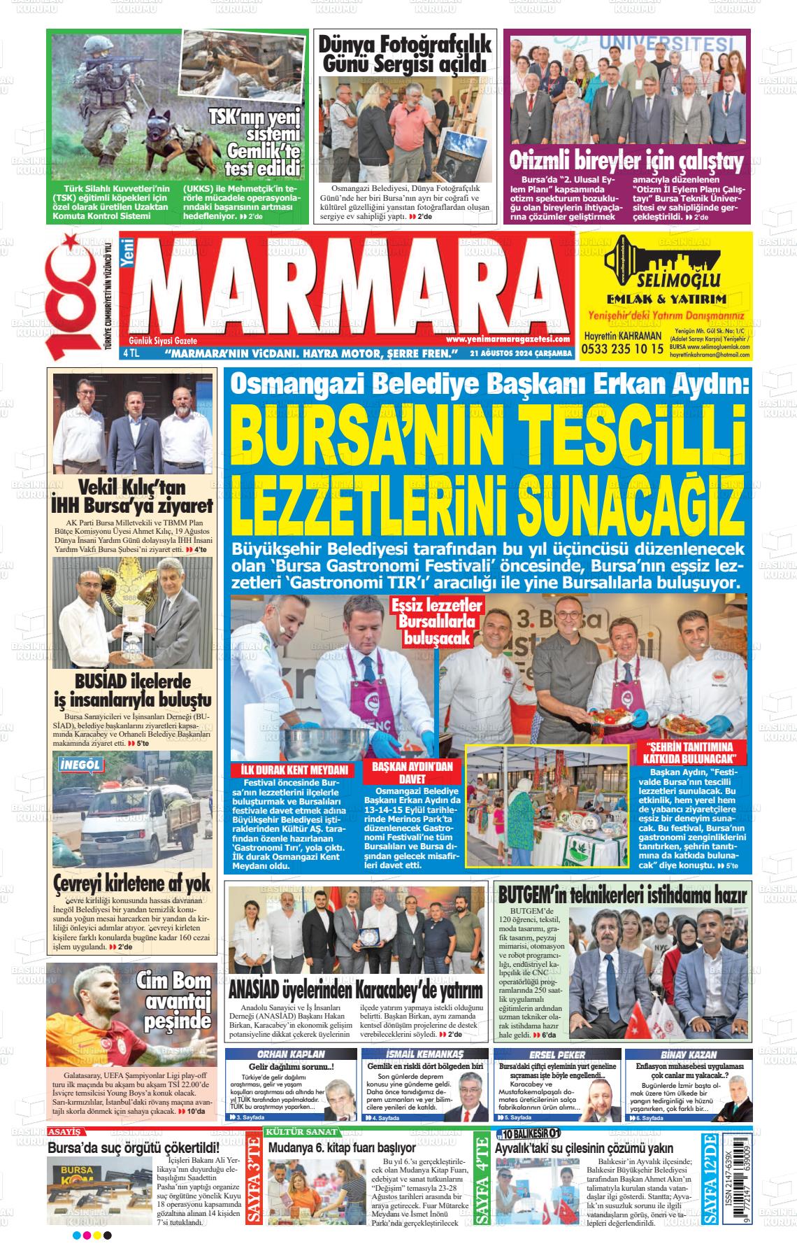 21 Ağustos 2024 Yeni Marmara Gazete Manşeti