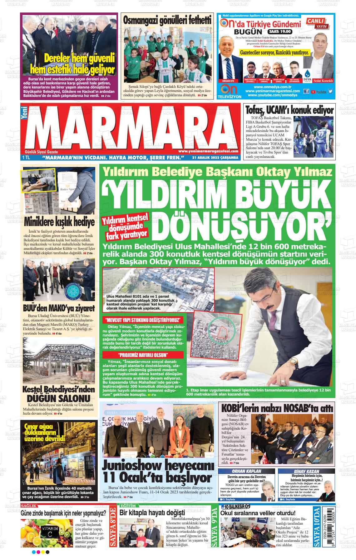 21 Aralık 2022 Yeni Marmara Gazete Manşeti