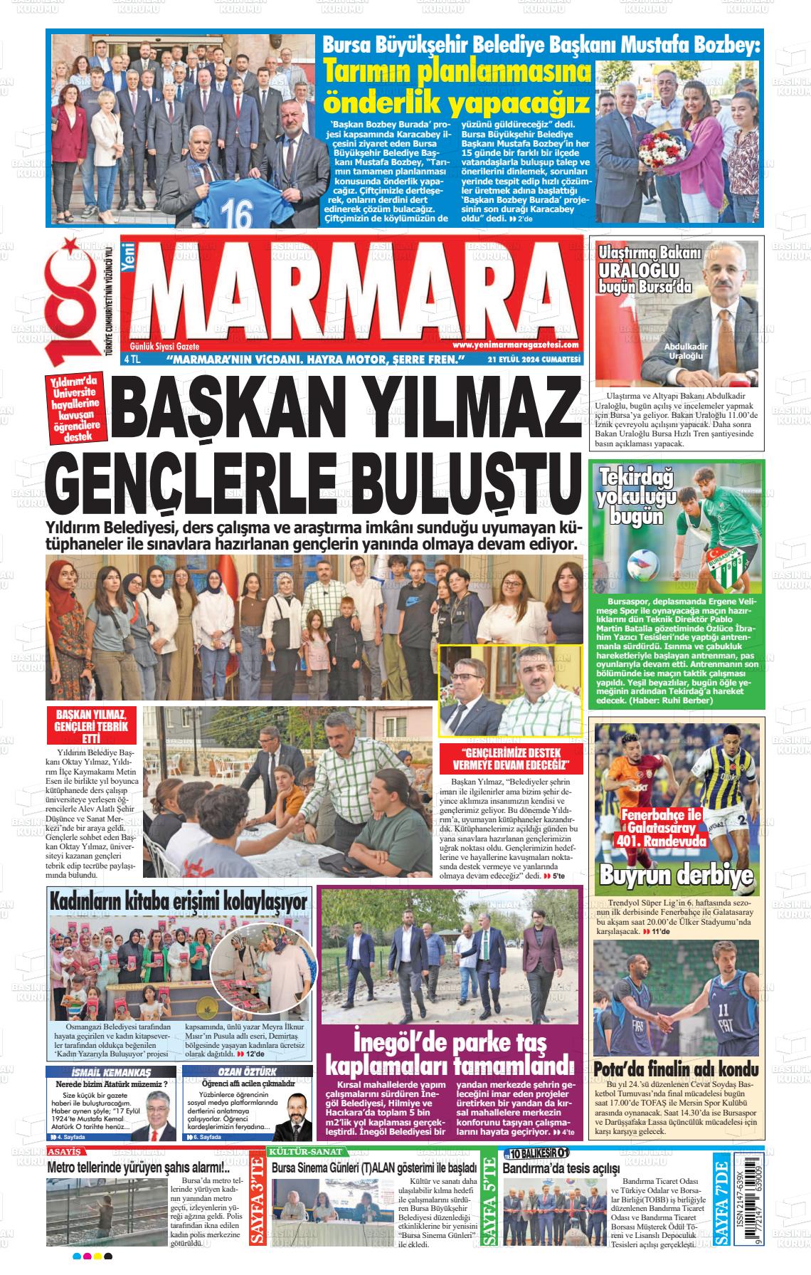 21 Eylül 2024 Yeni Marmara Gazete Manşeti