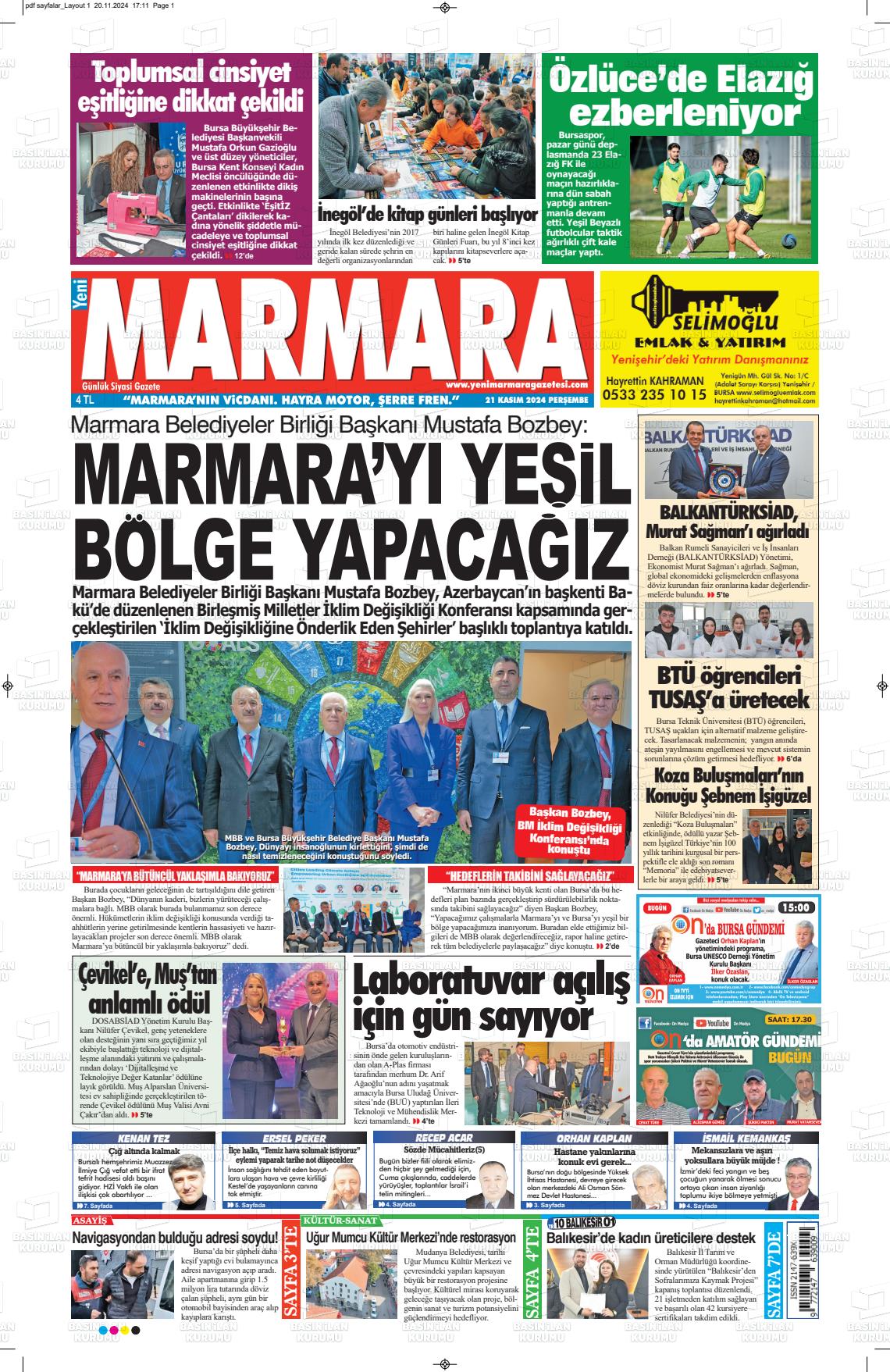 21 Kasım 2024 Yeni Marmara Gazete Manşeti