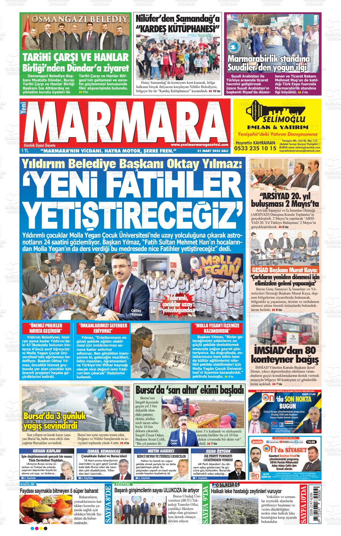 21 Mart 2023 Yeni Marmara Gazete Manşeti