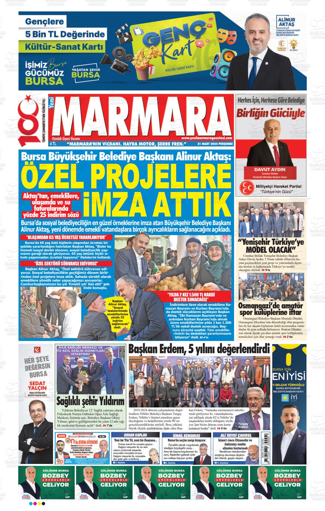 21 Mart 2024 Yeni Marmara Gazete Manşeti