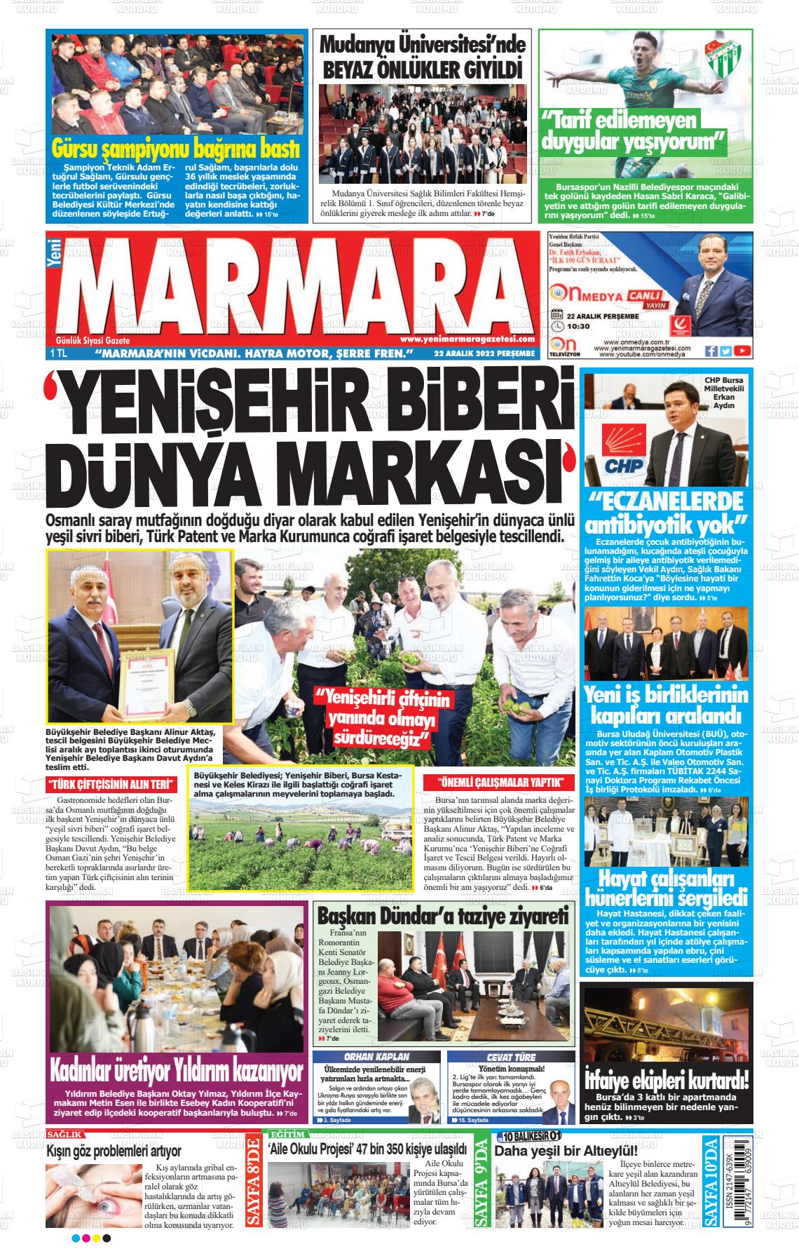 22 Aralık 2022 Yeni Marmara Gazete Manşeti