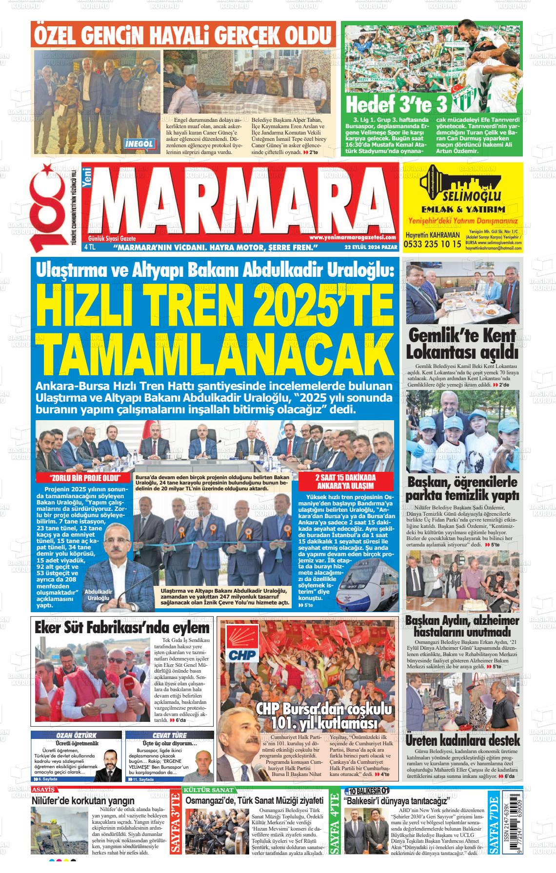 22 Eylül 2024 Yeni Marmara Gazete Manşeti