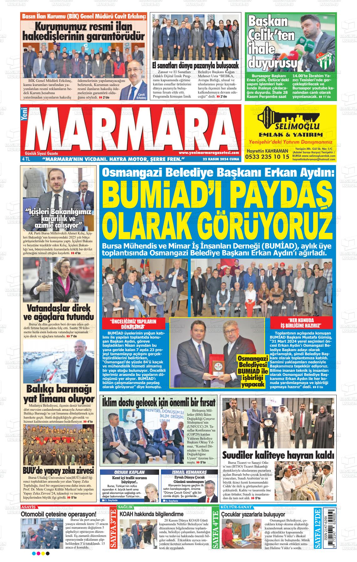 22 Kasım 2024 Yeni Marmara Gazete Manşeti