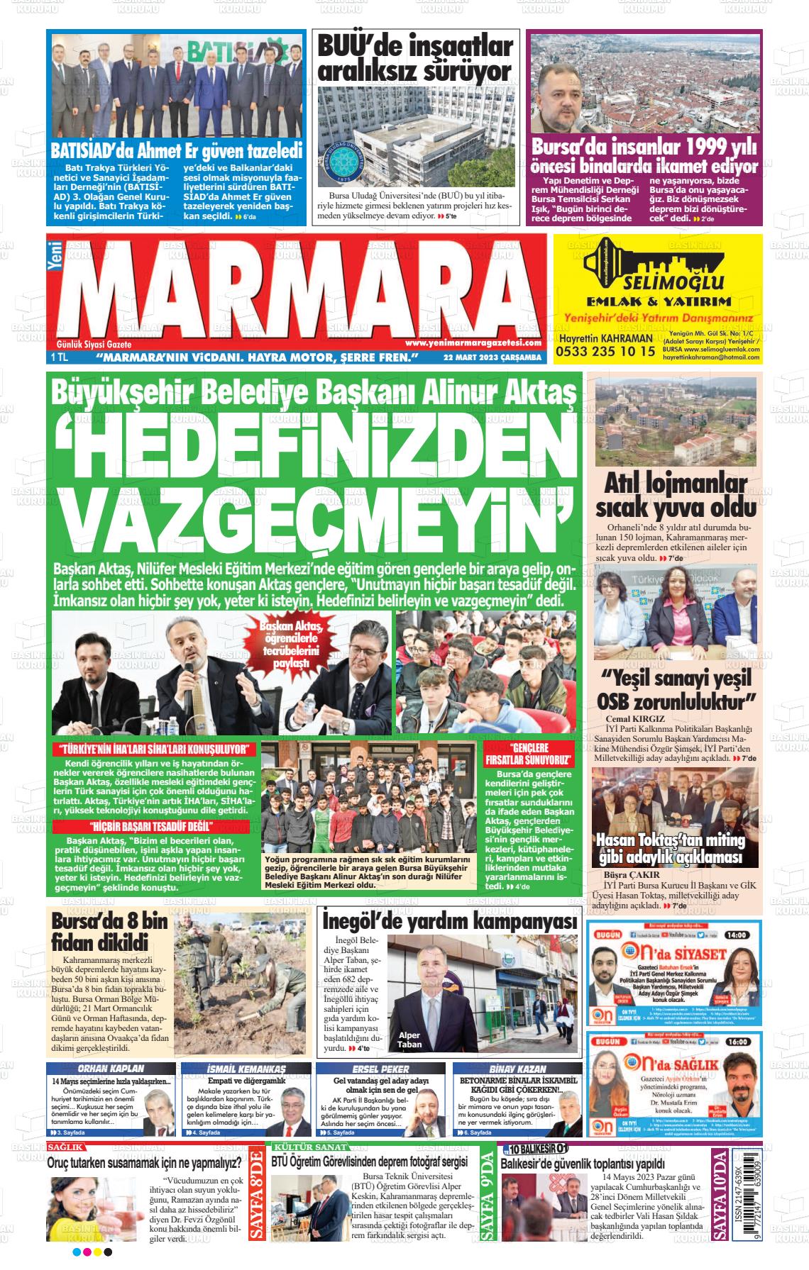 22 Mart 2023 Yeni Marmara Gazete Manşeti