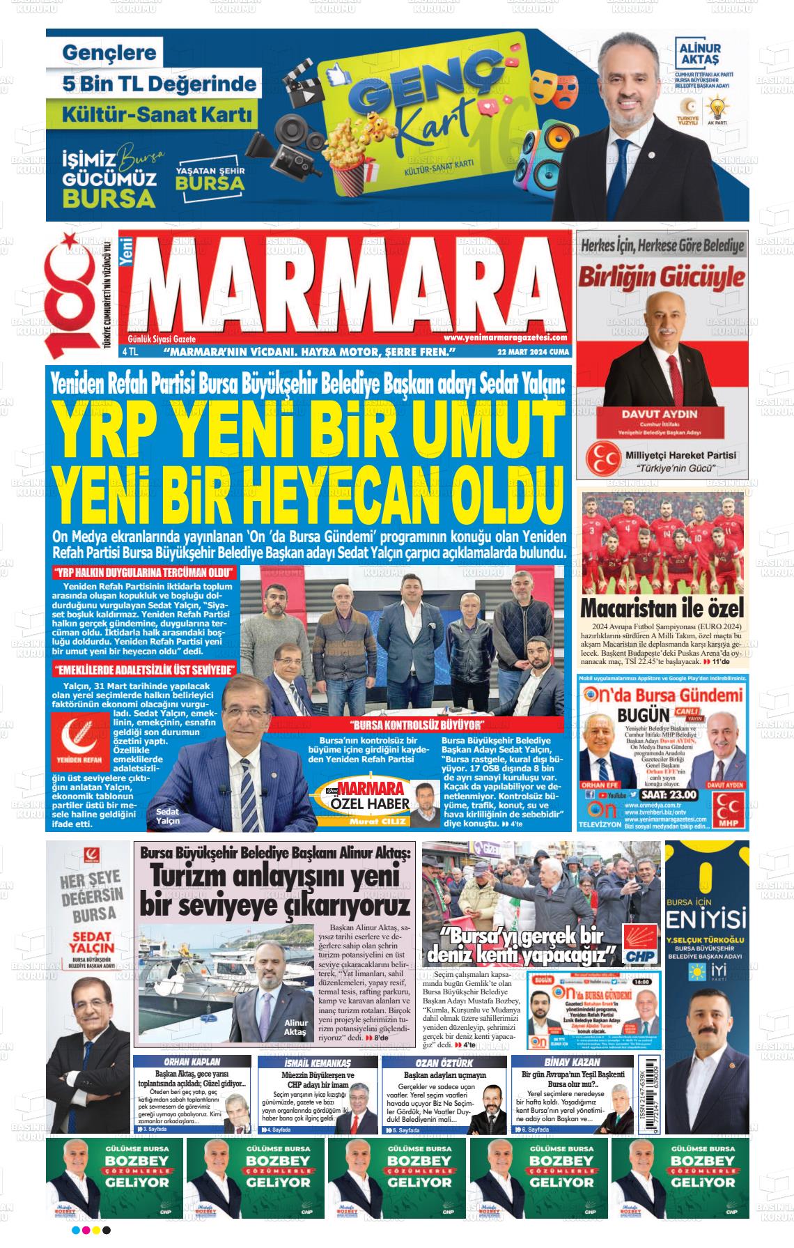 22 Mart 2024 Yeni Marmara Gazete Manşeti