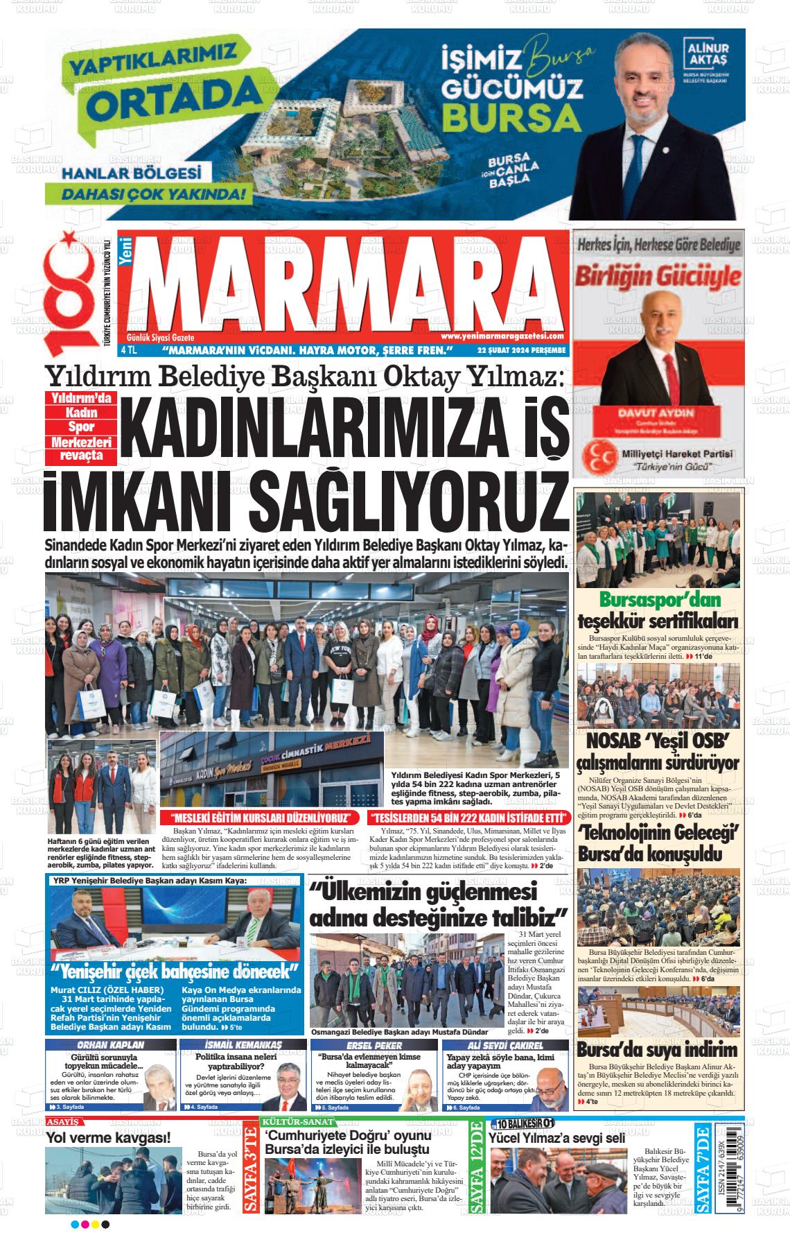 22 Şubat 2024 Yeni Marmara Gazete Manşeti