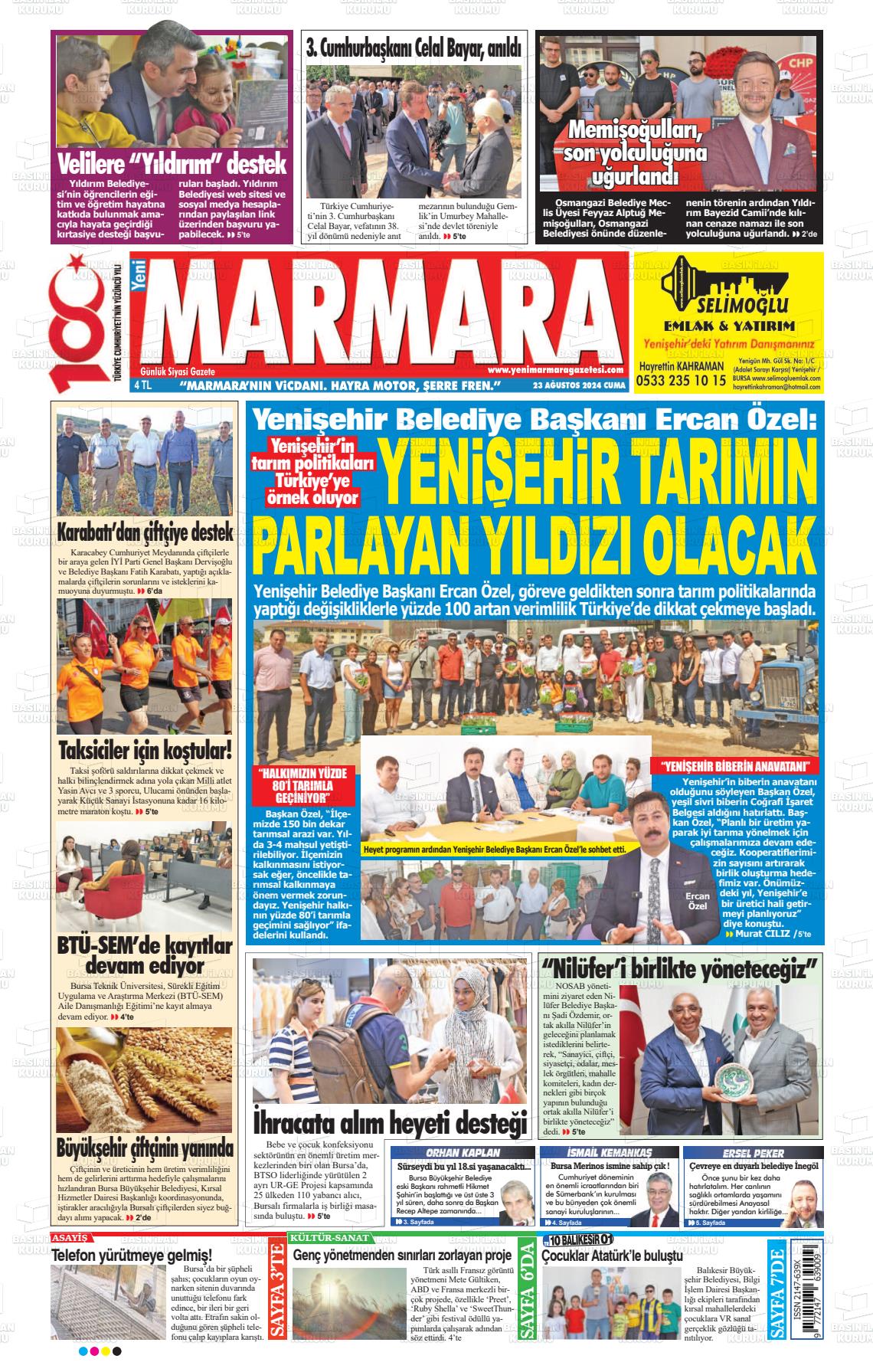 23 Ağustos 2024 Yeni Marmara Gazete Manşeti