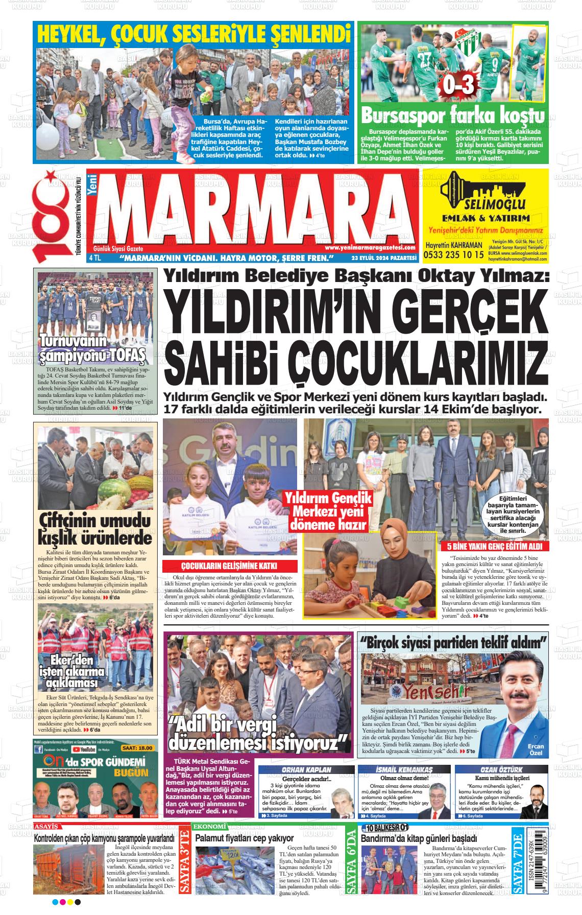 23 Eylül 2024 Yeni Marmara Gazete Manşeti