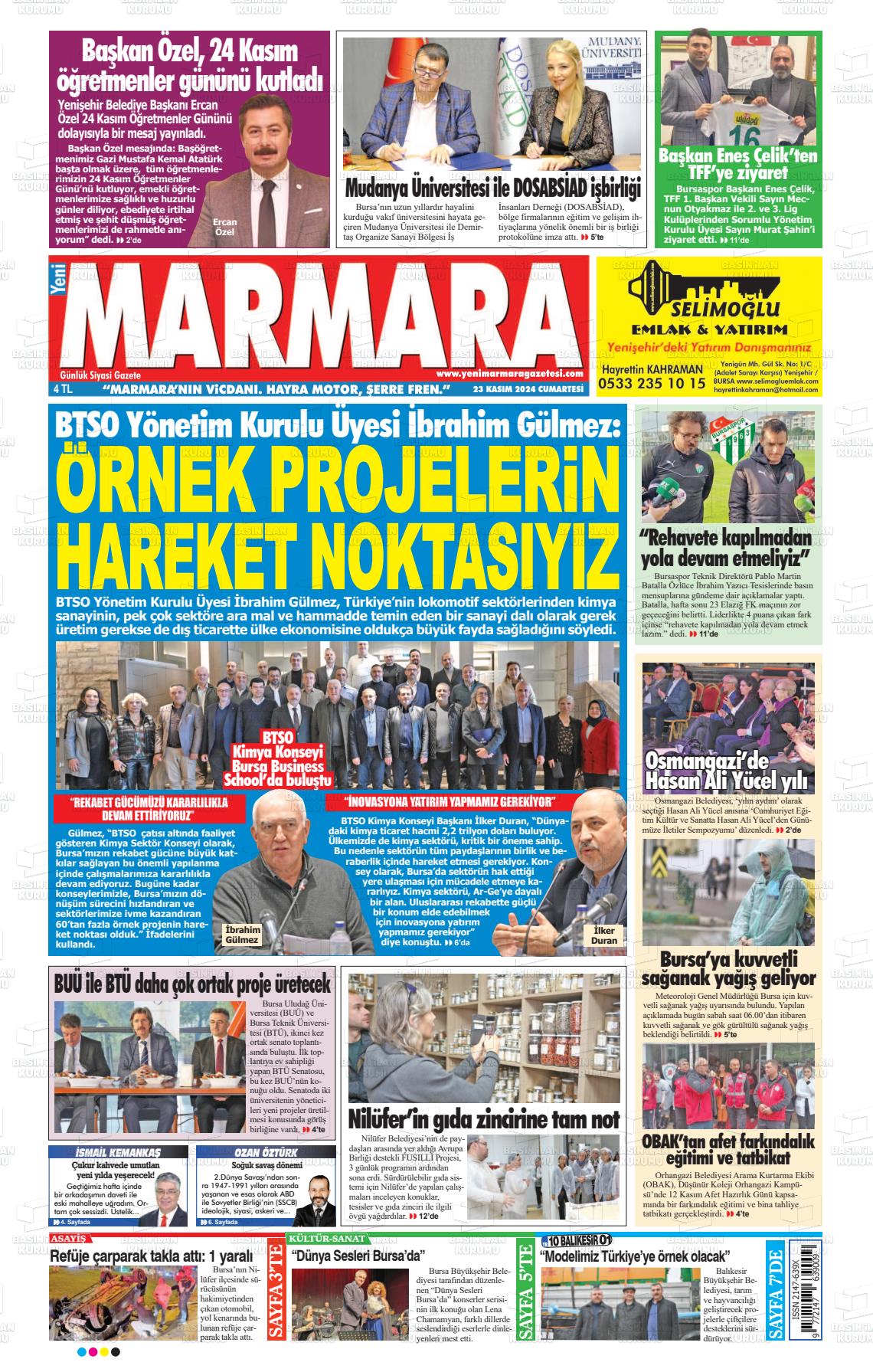 23 Kasım 2024 Yeni Marmara Gazete Manşeti