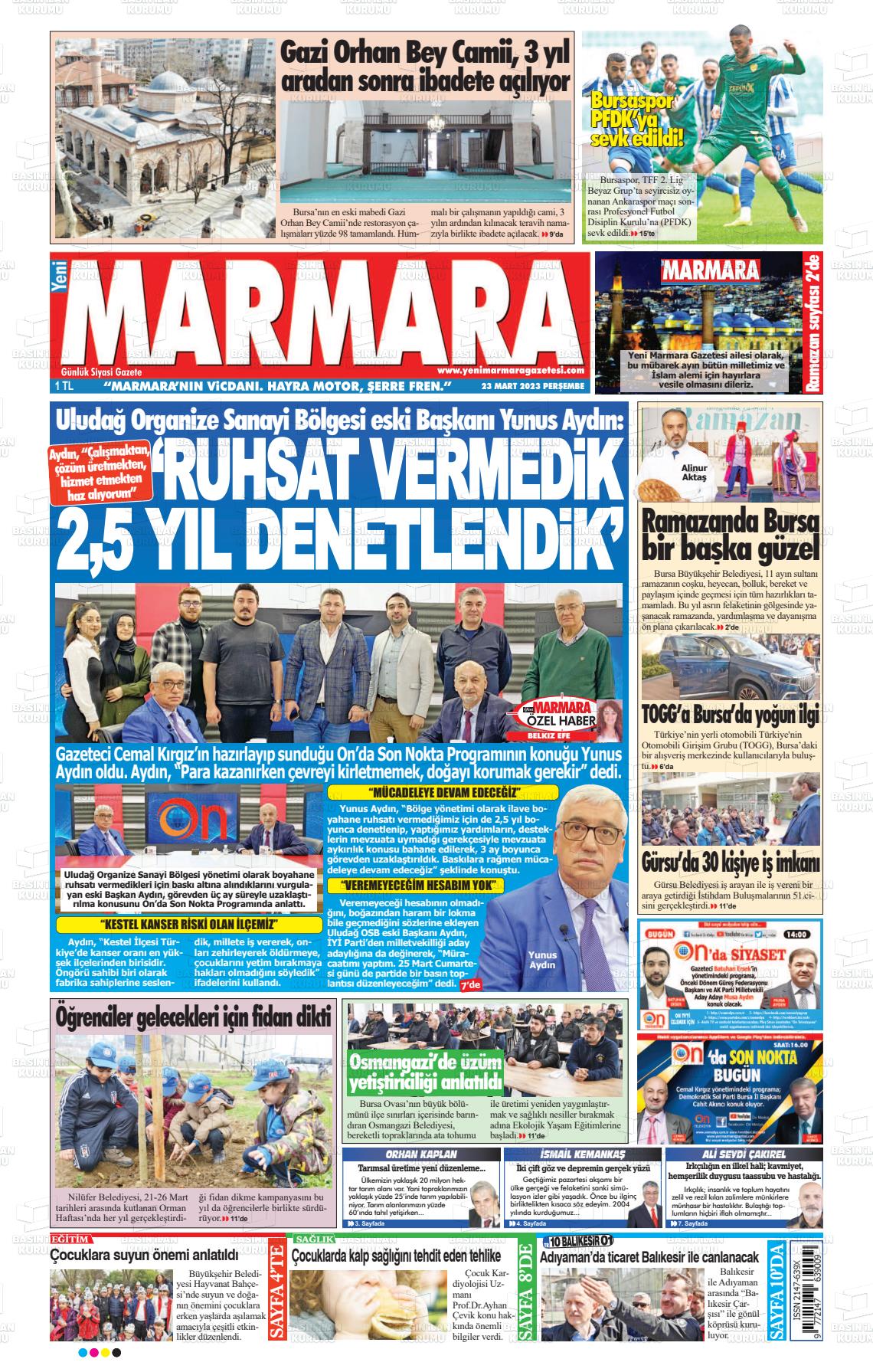 23 Mart 2023 Yeni Marmara Gazete Manşeti