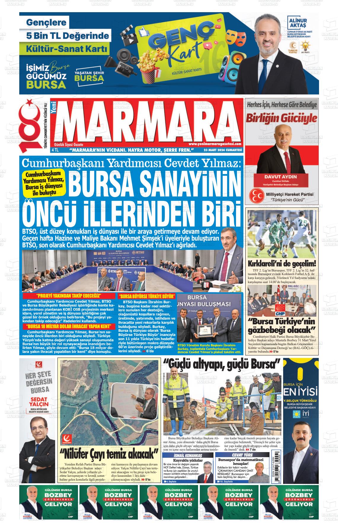 23 Mart 2024 Yeni Marmara Gazete Manşeti