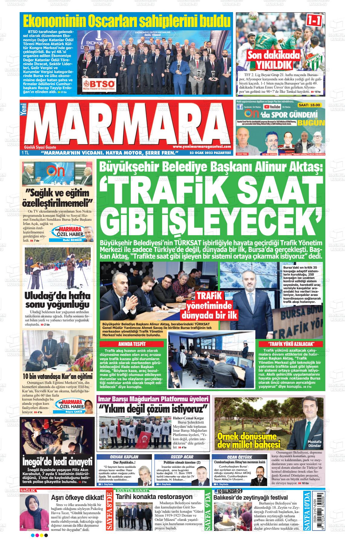 23 Ocak 2023 Yeni Marmara Gazete Manşeti