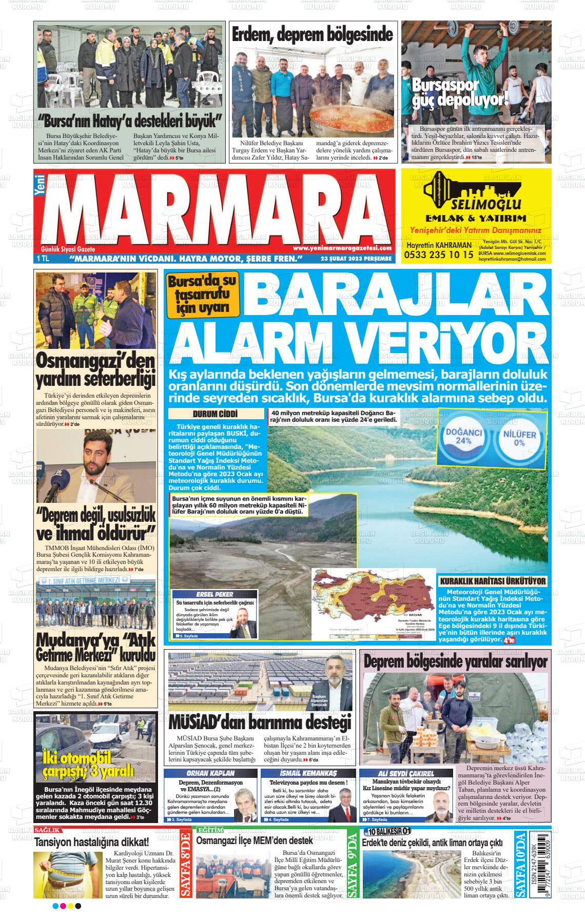 24 Şubat 2023 Yeni Marmara Gazete Manşeti