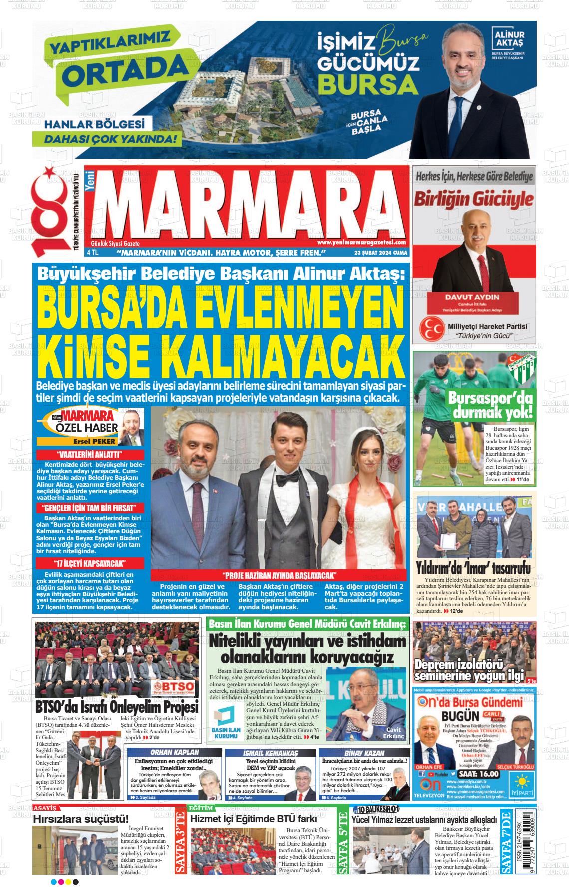 23 Şubat 2024 Yeni Marmara Gazete Manşeti