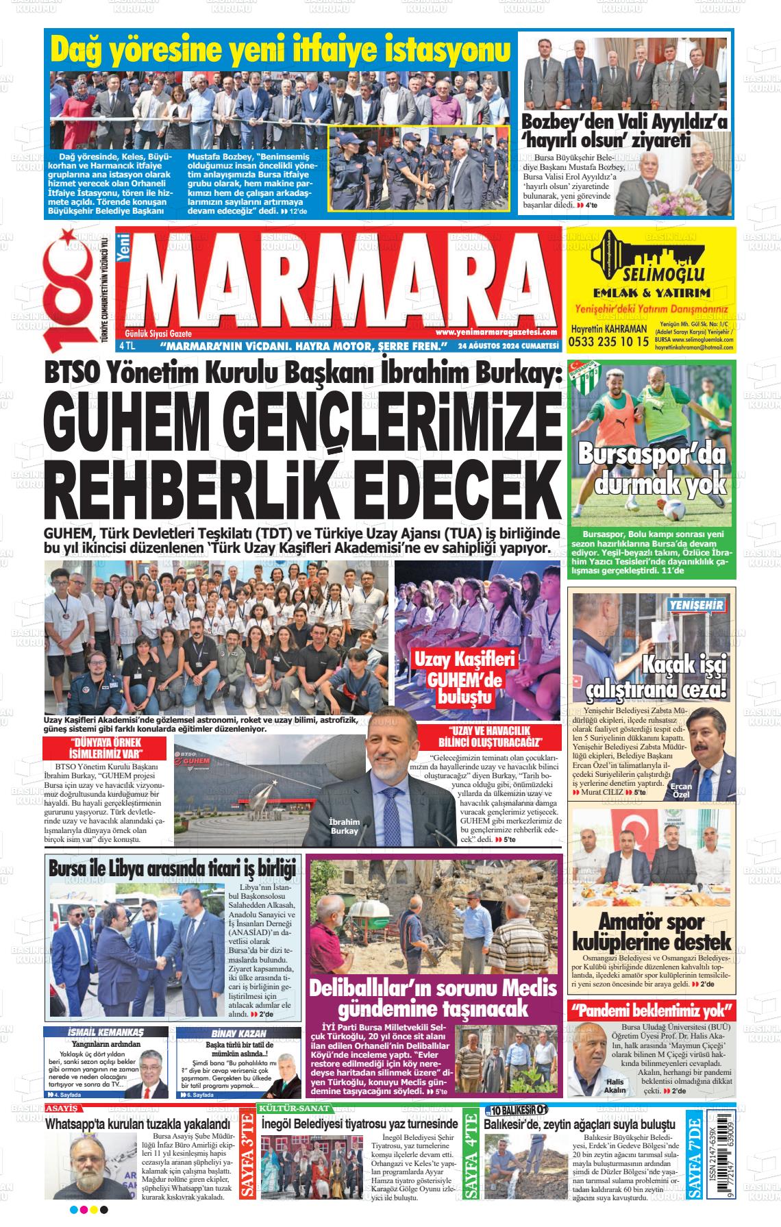 24 Ağustos 2024 Yeni Marmara Gazete Manşeti