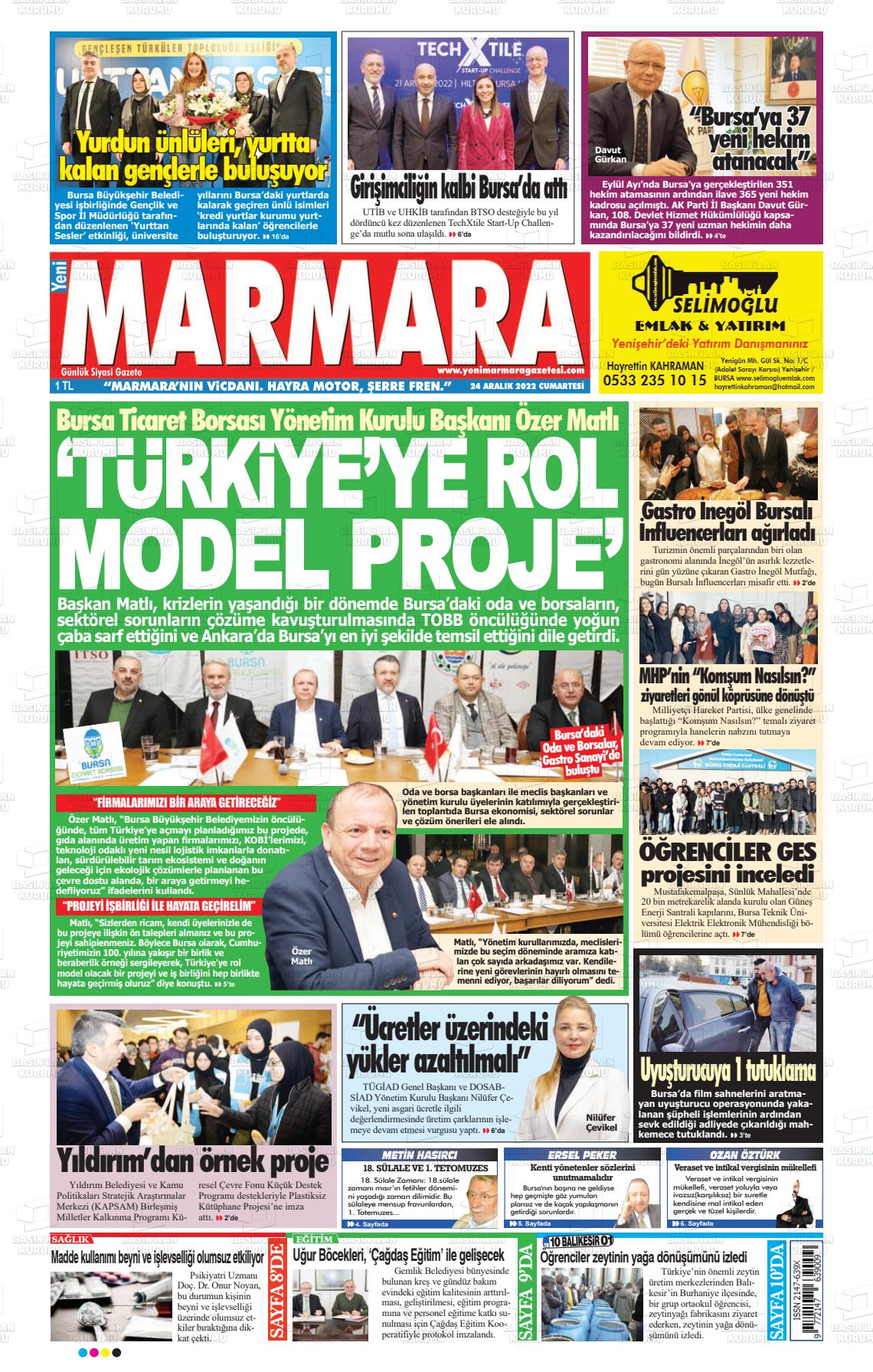 26 Aralık 2022 Yeni Marmara Gazete Manşeti