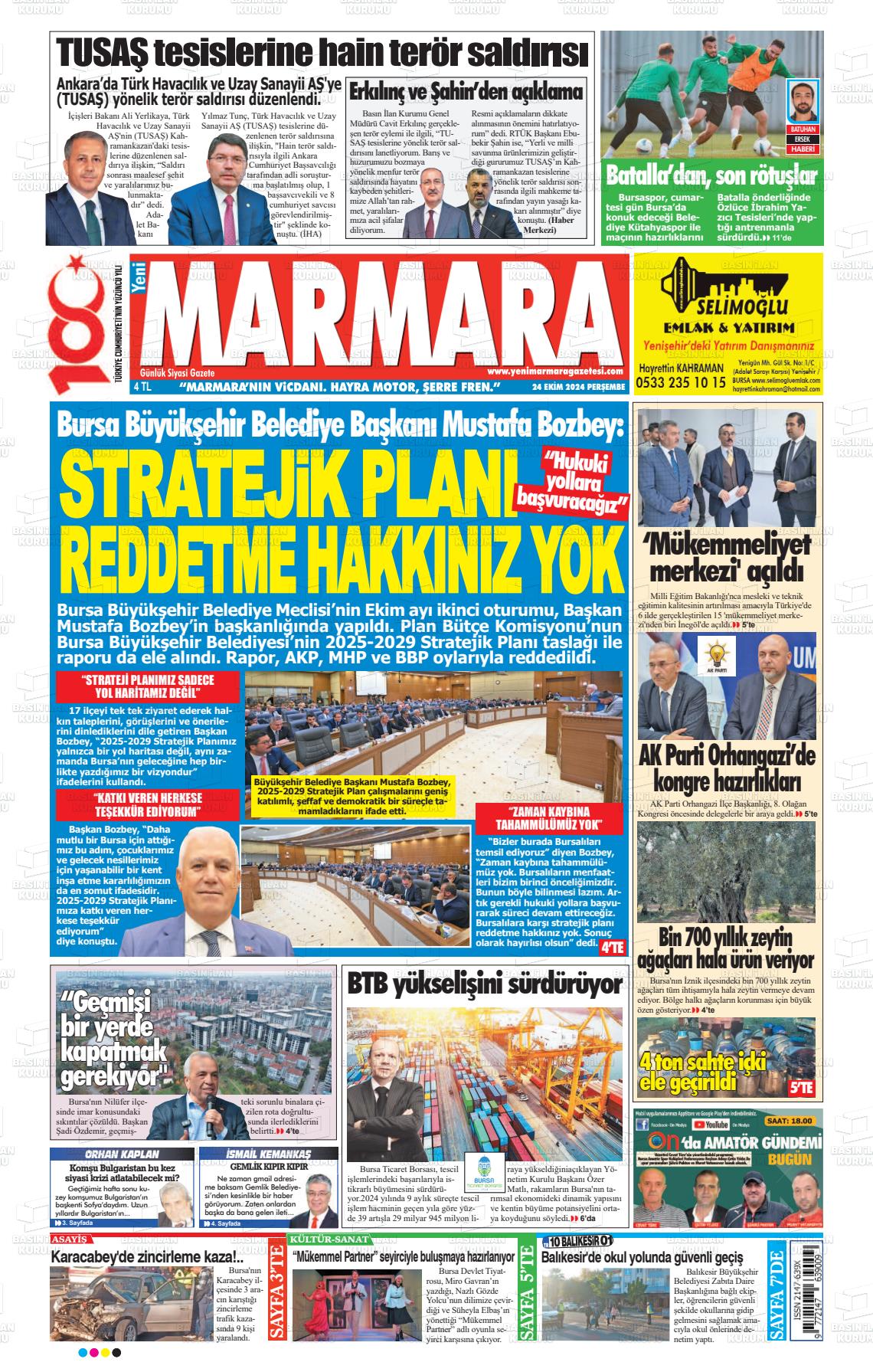 24 Ekim 2024 Yeni Marmara Gazete Manşeti