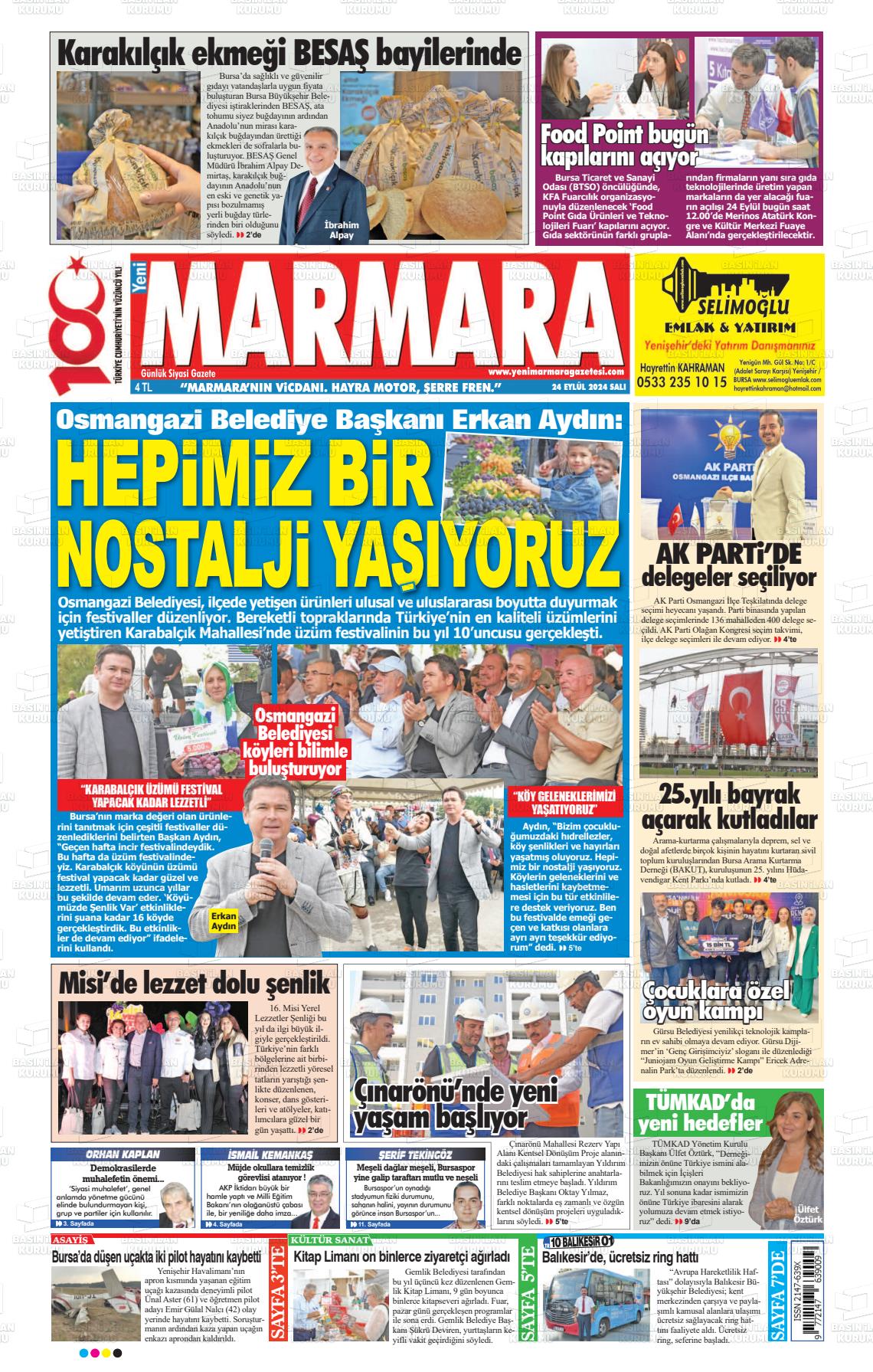 25 Eylül 2024 Yeni Marmara Gazete Manşeti