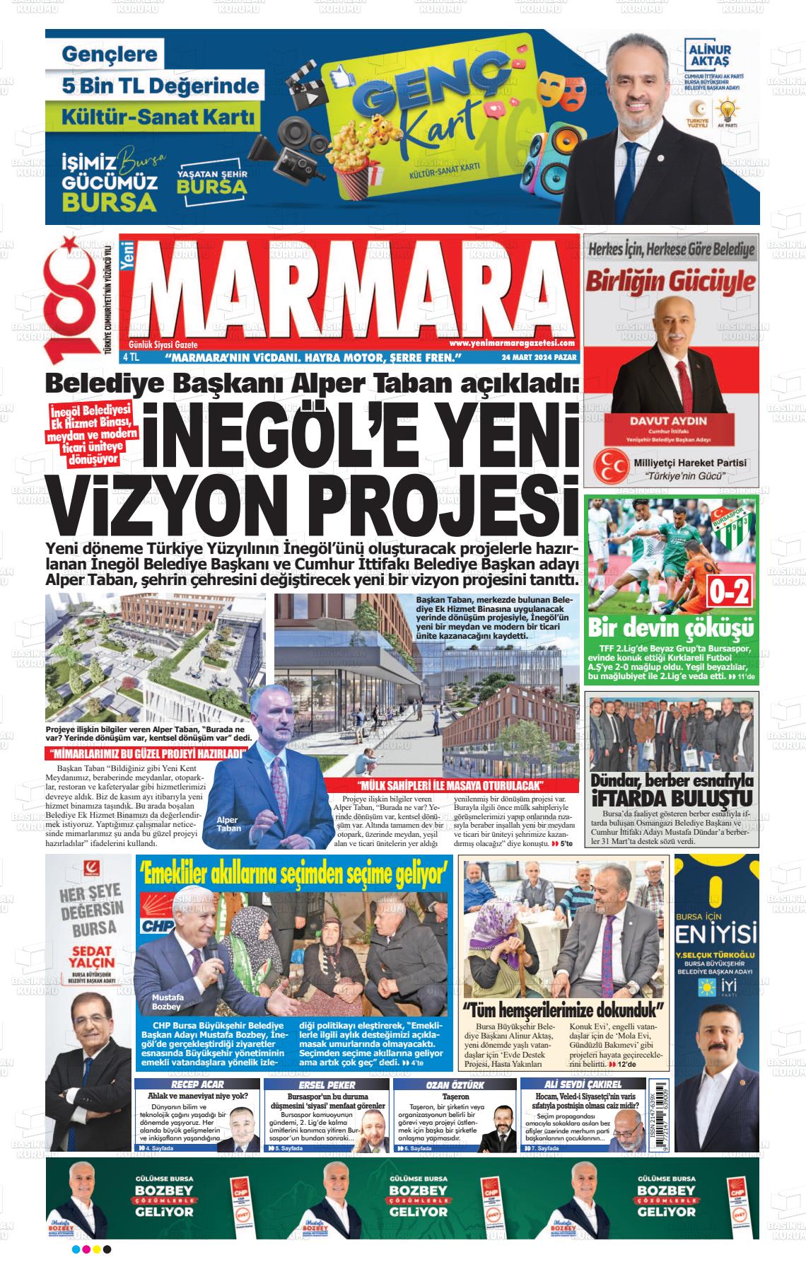 24 Mart 2024 Yeni Marmara Gazete Manşeti