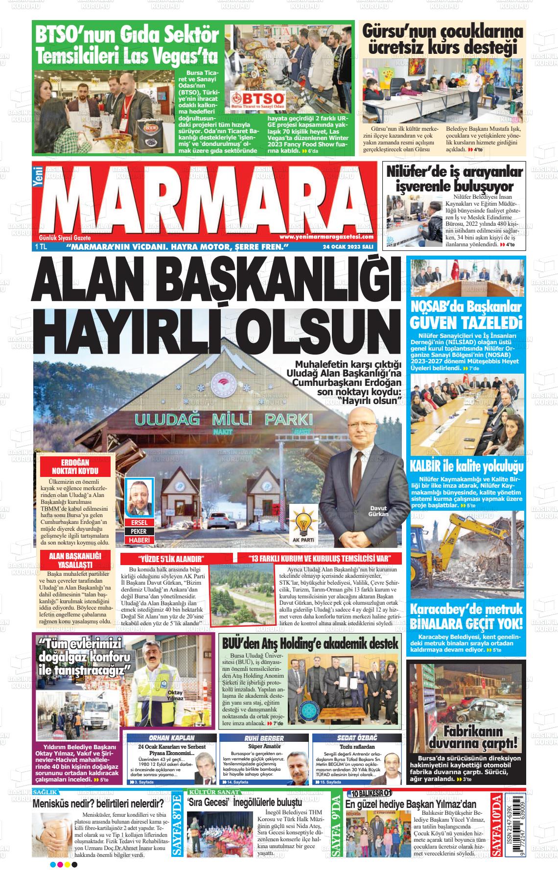 24 Ocak 2023 Yeni Marmara Gazete Manşeti