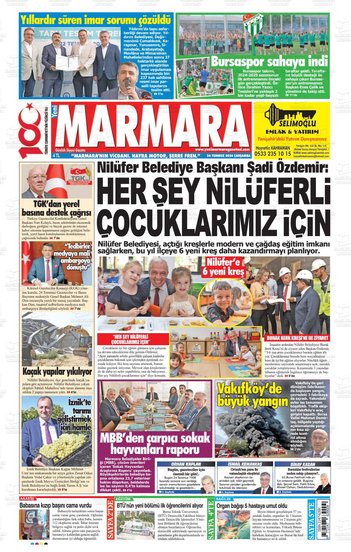 24 Temmuz 2024 Yeni Marmara Gazete Manşeti