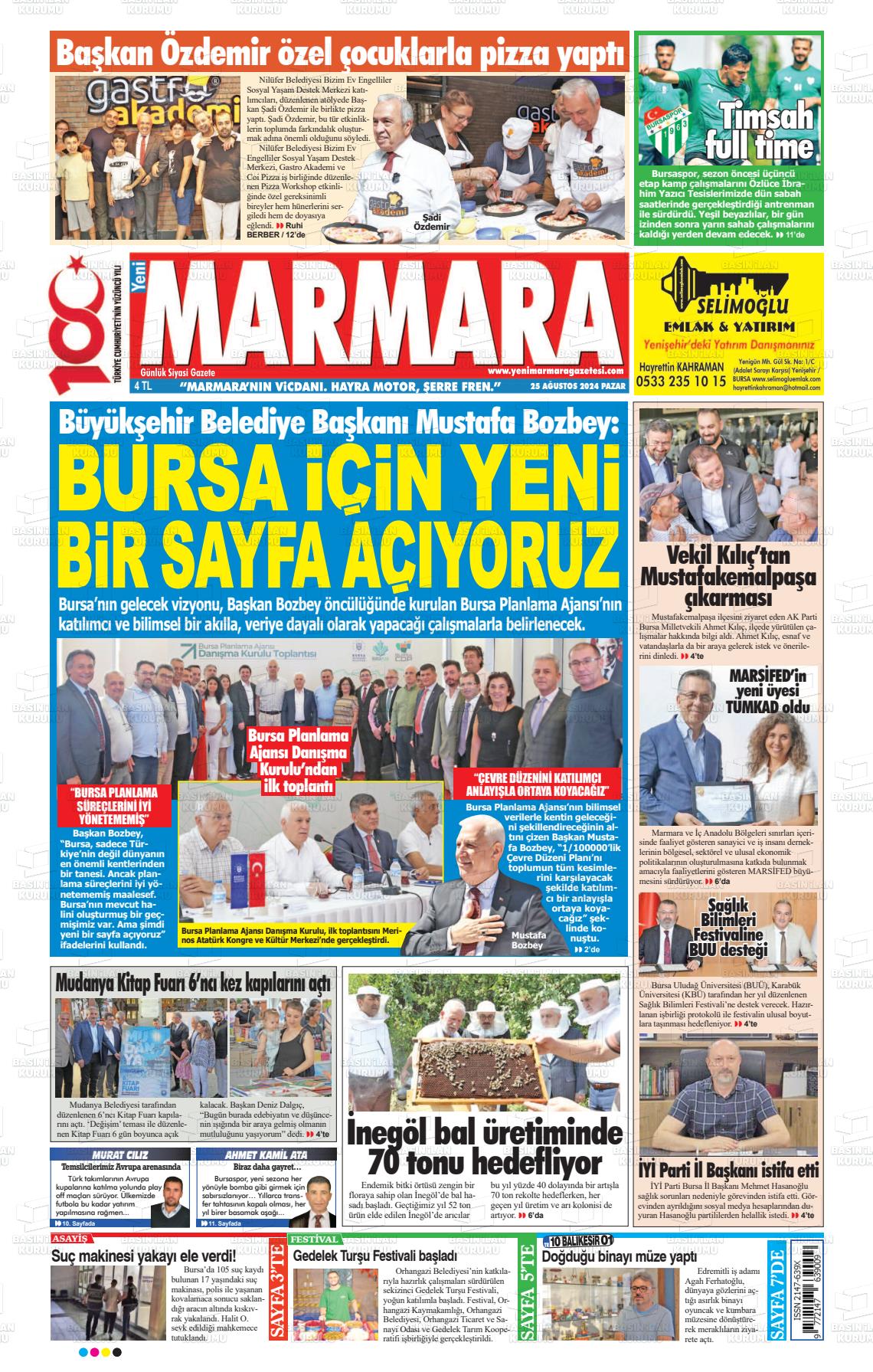 25 Ağustos 2024 Yeni Marmara Gazete Manşeti