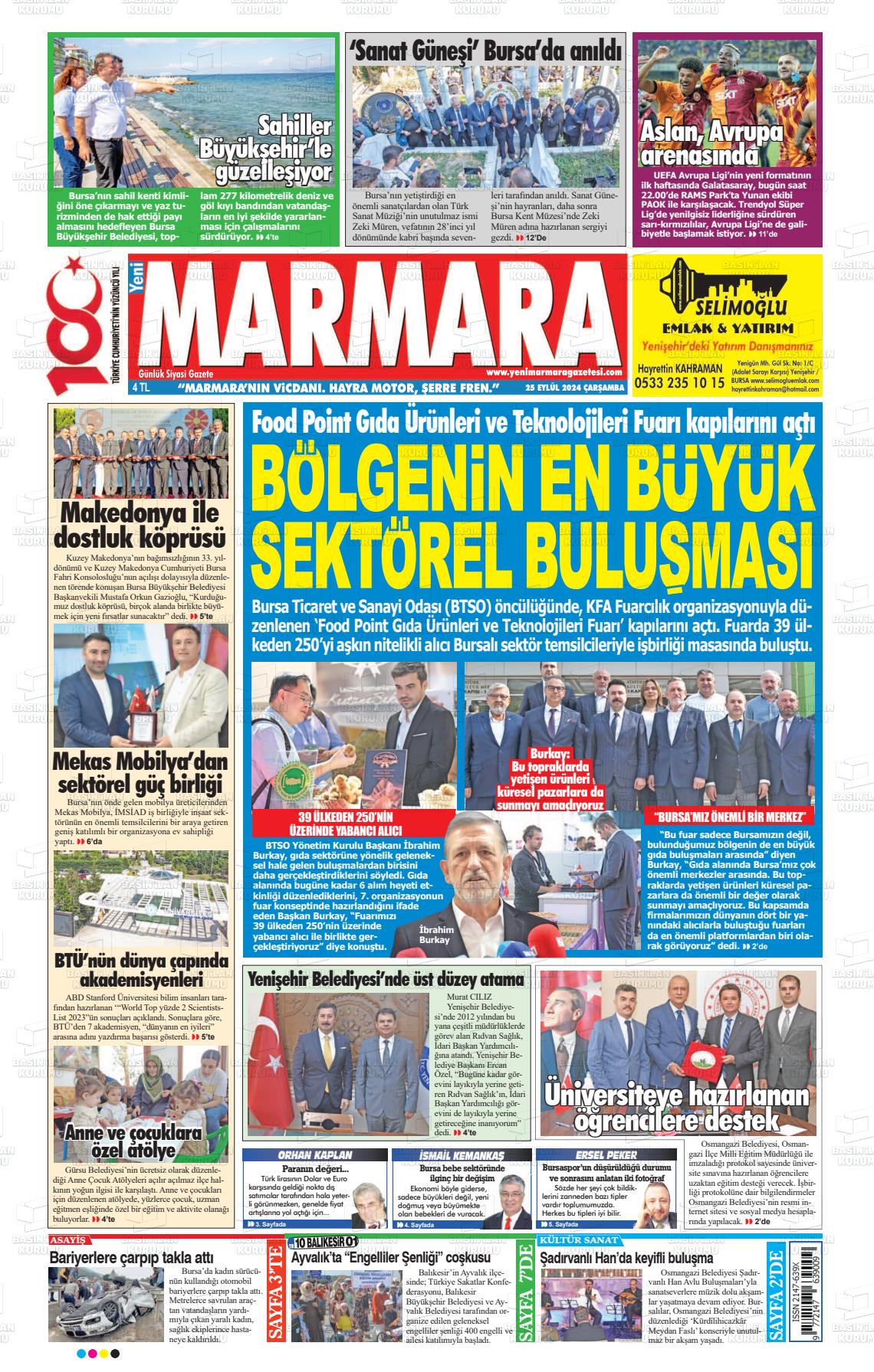 25 Eylül 2024 Yeni Marmara Gazete Manşeti