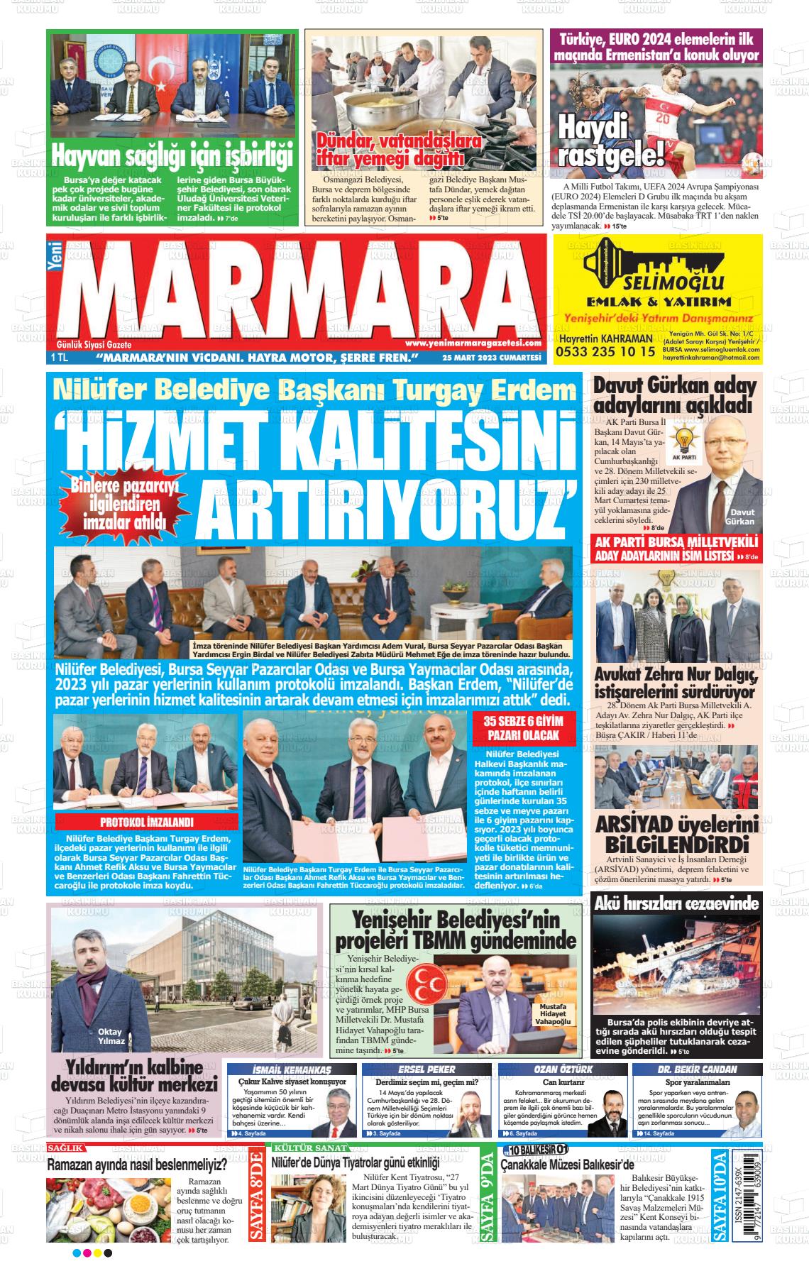 25 Mart 2023 Yeni Marmara Gazete Manşeti