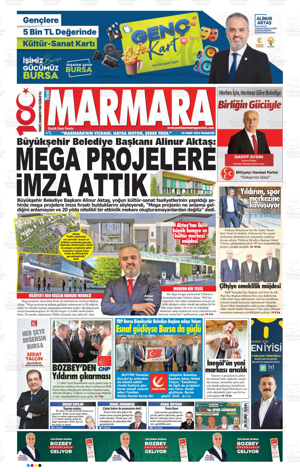 25 Mart 2024 Yeni Marmara Gazete Manşeti