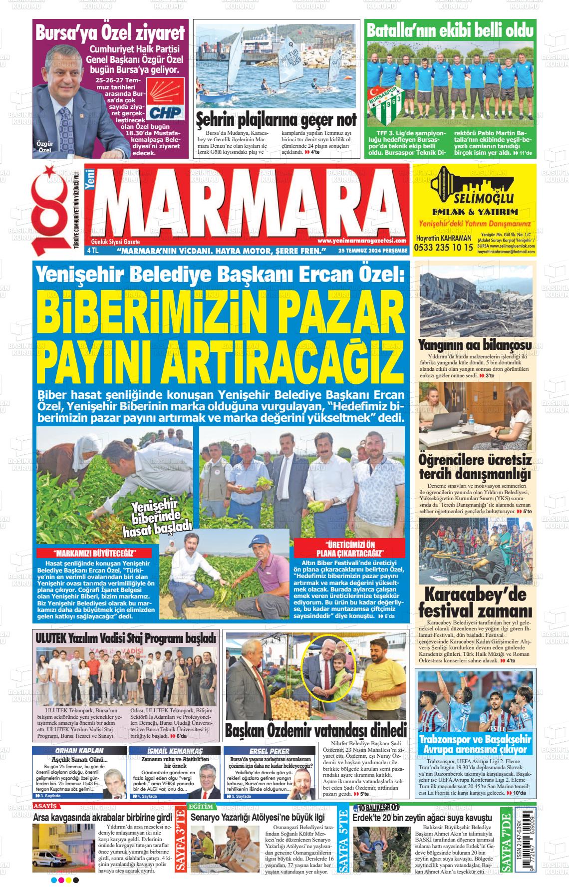 25 Temmuz 2024 Yeni Marmara Gazete Manşeti