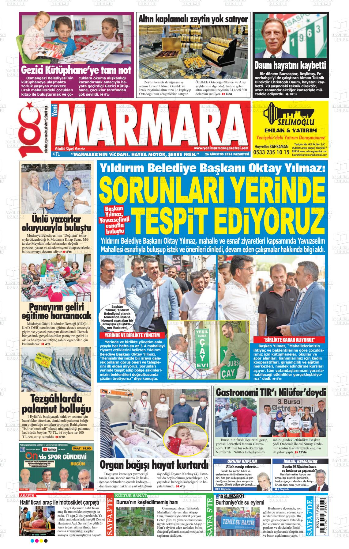 26 Ağustos 2024 Yeni Marmara Gazete Manşeti