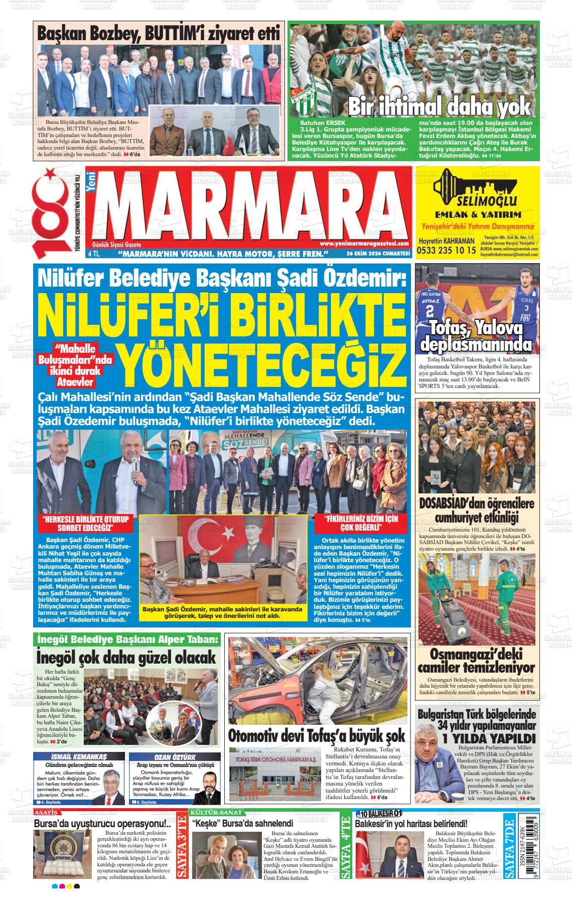 26 Ekim 2024 Yeni Marmara Gazete Manşeti