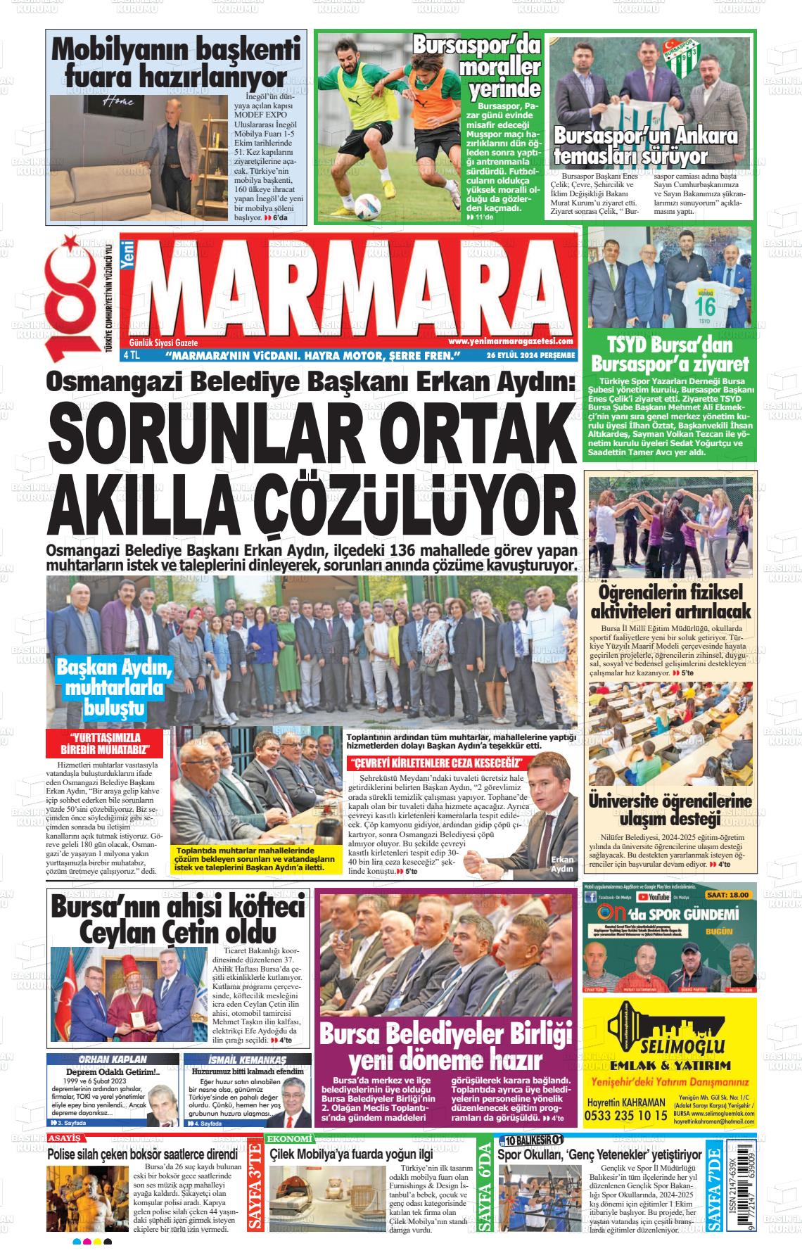 26 Eylül 2024 Yeni Marmara Gazete Manşeti