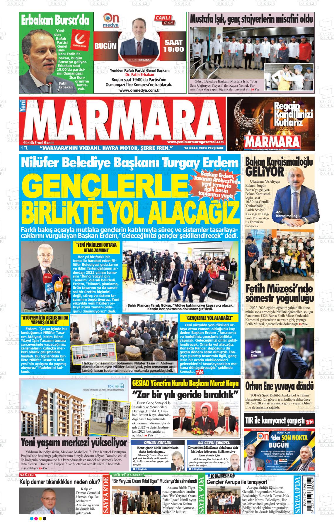 26 Ocak 2023 Yeni Marmara Gazete Manşeti