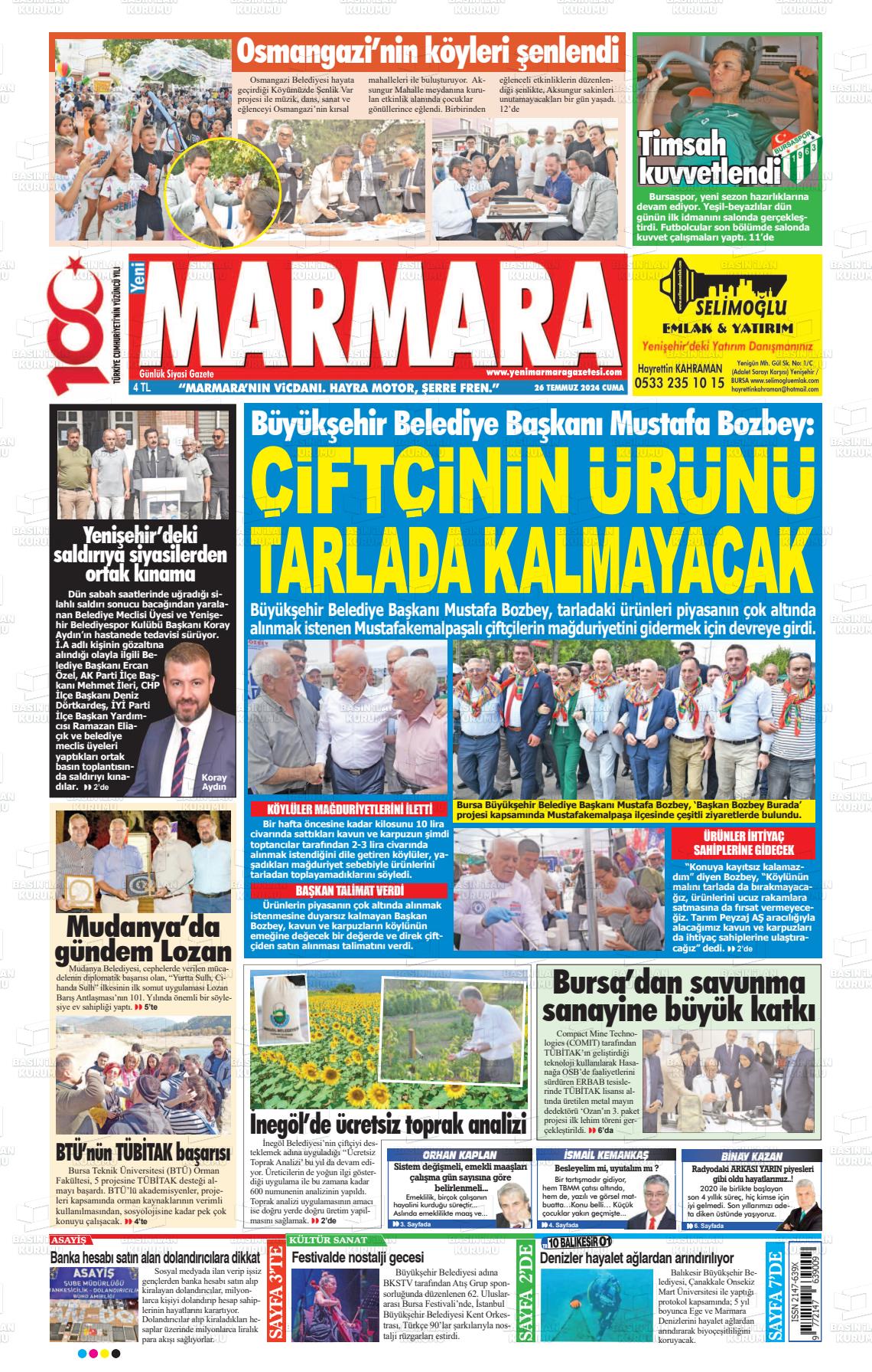 27 Temmuz 2024 Yeni Marmara Gazete Manşeti