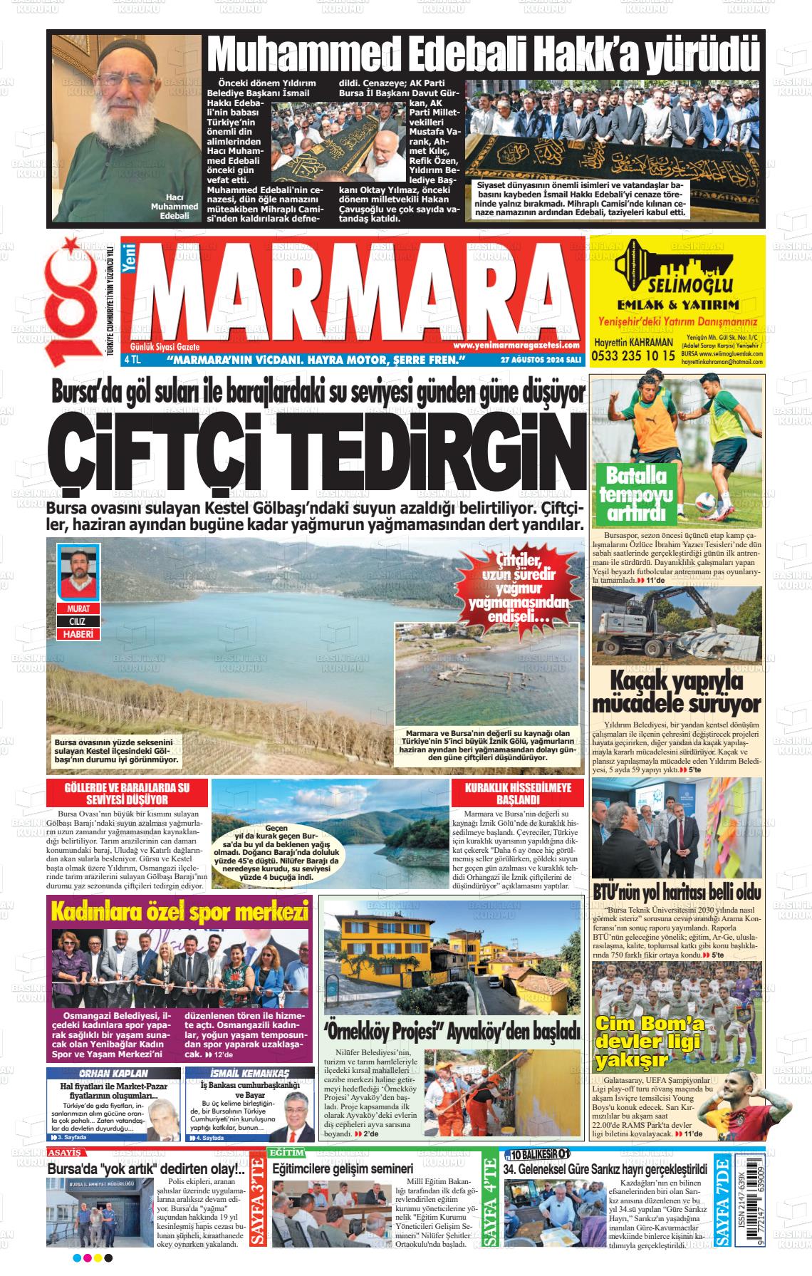 27 Ağustos 2024 Yeni Marmara Gazete Manşeti