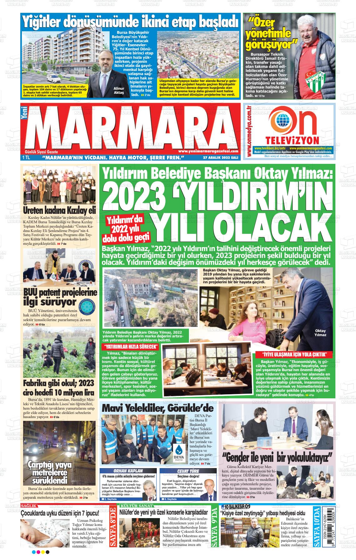 27 Aralık 2022 Yeni Marmara Gazete Manşeti