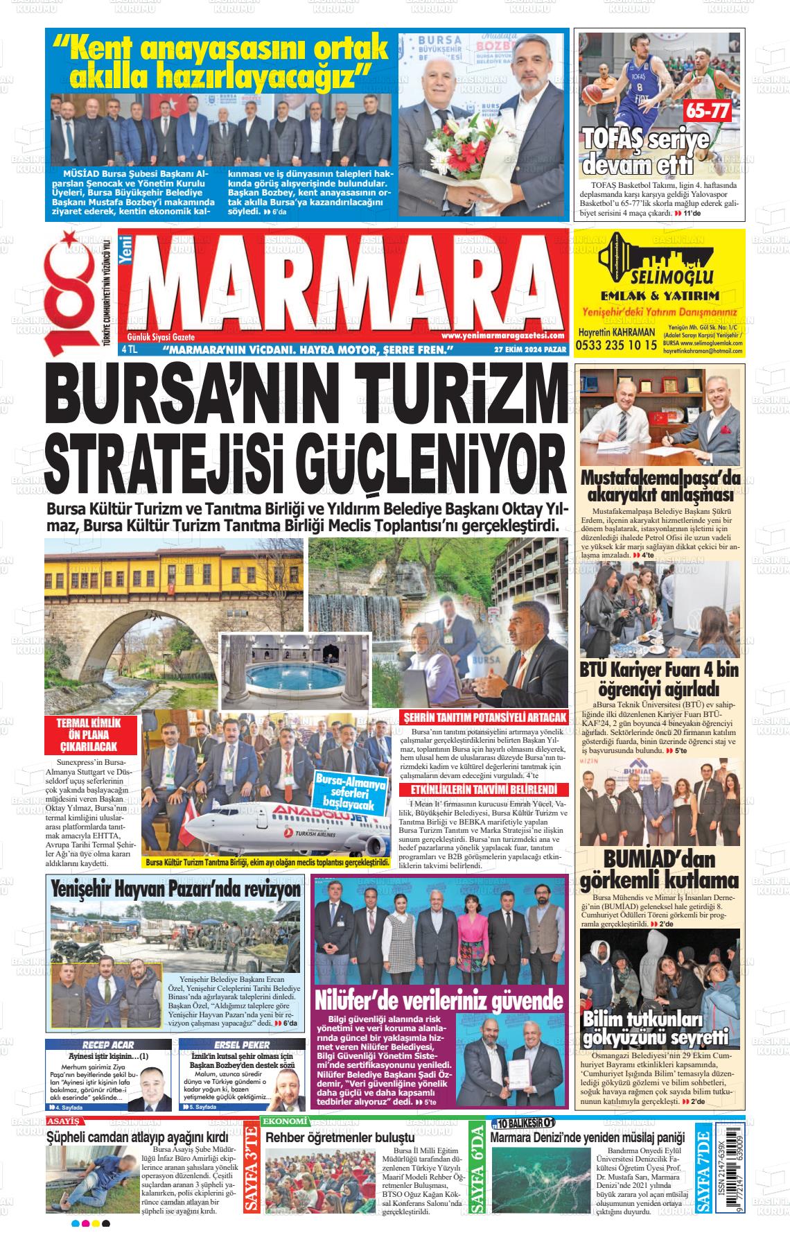 27 Ekim 2024 Yeni Marmara Gazete Manşeti