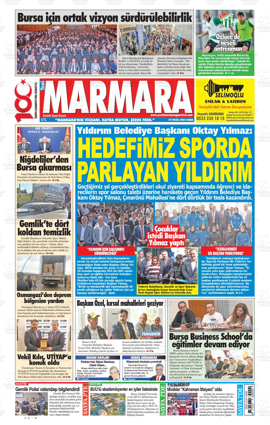 27 Eylül 2024 Yeni Marmara Gazete Manşeti